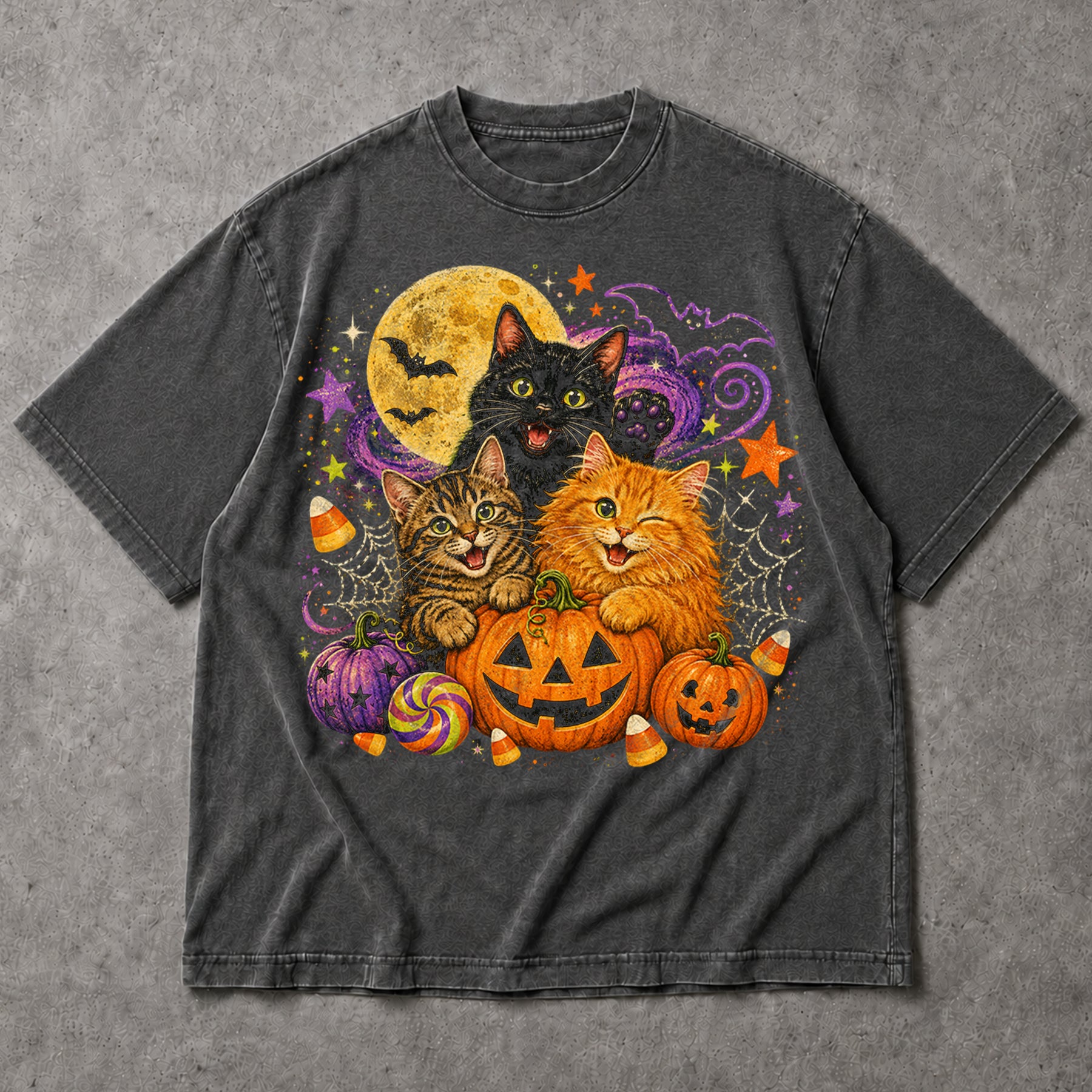 SF_COLOR=dark-heather; SF_ITEM=adult-t-shirt; SF_ROLE=main; Cute Halloween Kittens Pumpkins T-Shirt Spooky Night Stars Candy Corn Tee - Dark Heather Adult T-Shirt product image