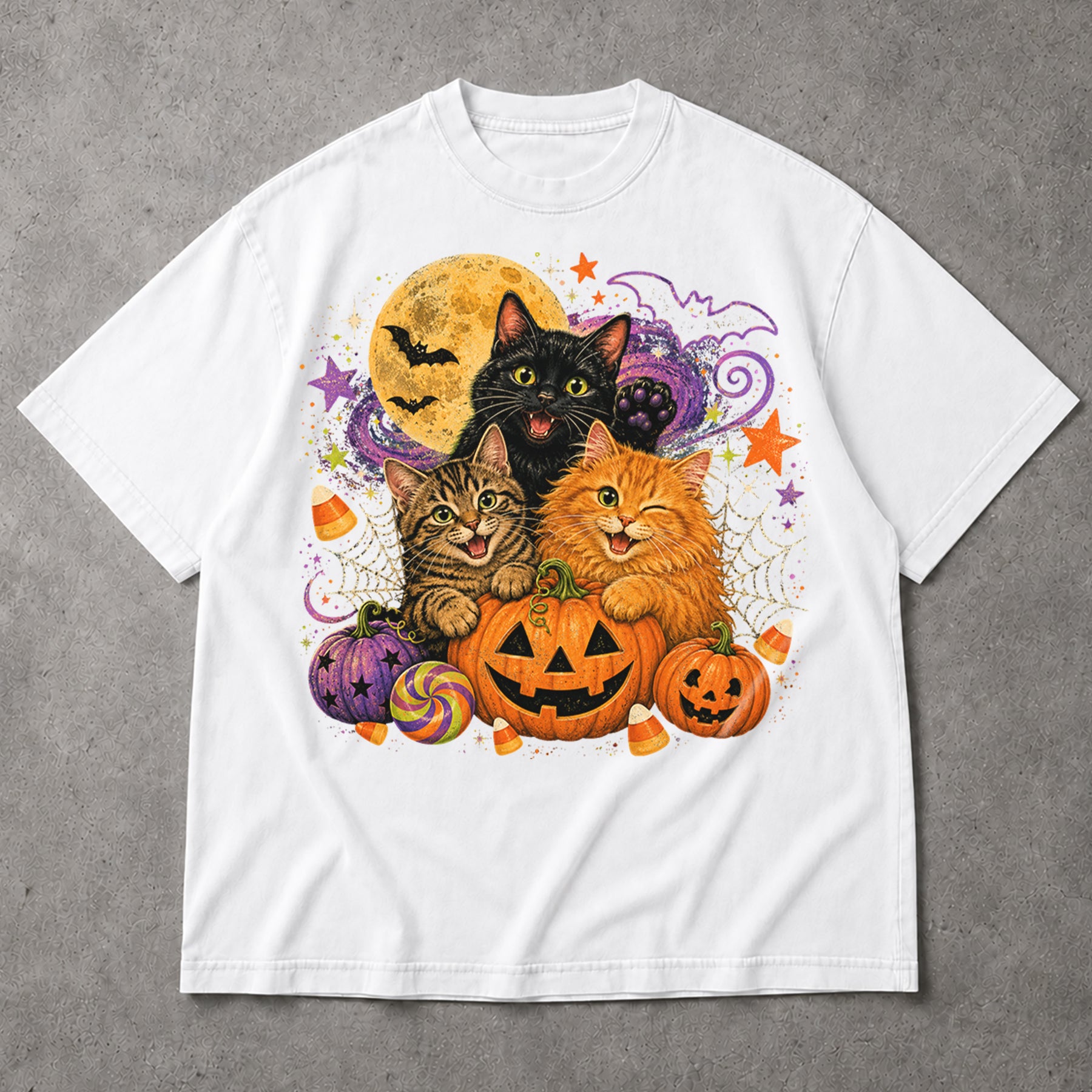 SF_COLOR=white; SF_ITEM=adult-t-shirt; SF_ROLE=main; Cute Halloween Kittens Pumpkins T-Shirt Spooky Night Stars Candy Corn Tee - White Adult T-Shirt product image