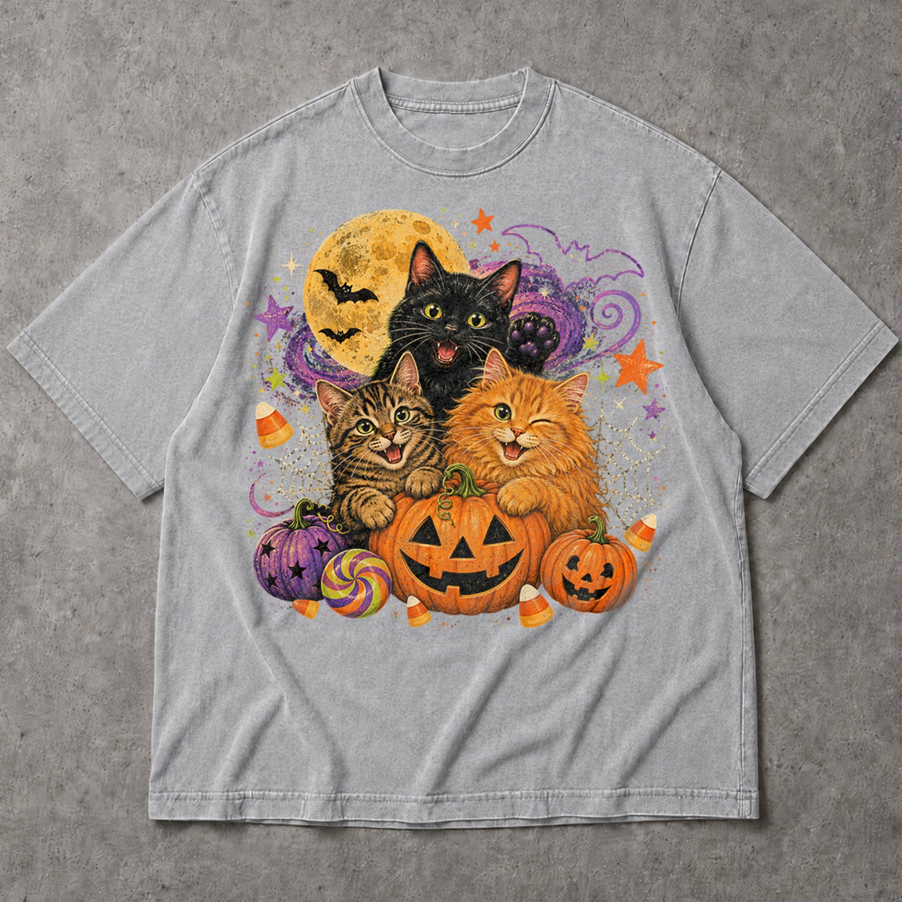 SF_COLOR=sport-grey; SF_ITEM=adult-t-shirt; SF_ROLE=main; Cute Halloween Kittens Pumpkins T-Shirt Spooky Night Stars Candy Corn Tee - Sport Grey Adult T-Shirt product image