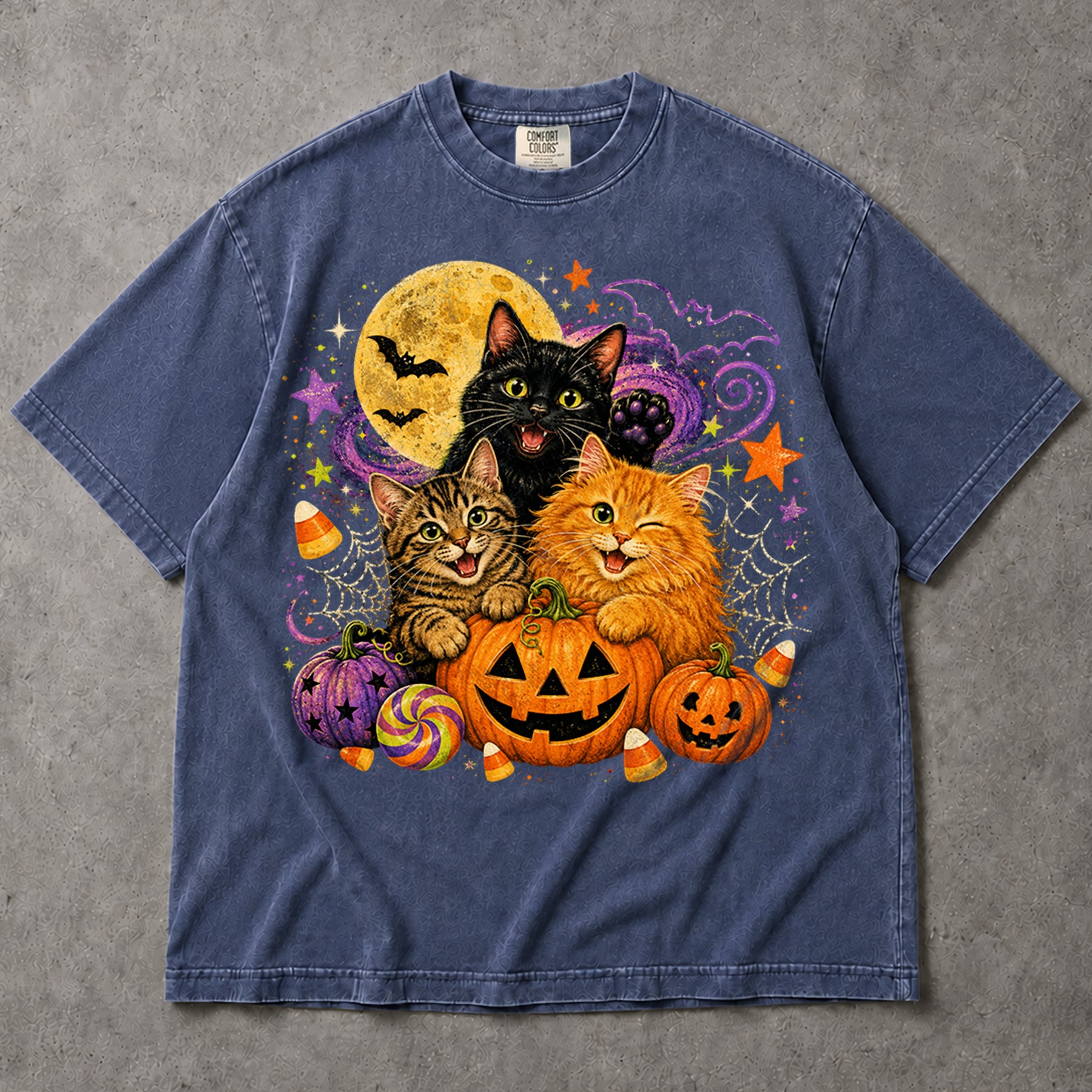 SF_COLOR=sport-grey|denim; SF_ITEM=adult-t-shirt; SF_ROLE=main; Cute Halloween Kittens Pumpkins T-Shirt Spooky Night Stars Candy Corn Tee - Sport Grey, Denim Adult T-Shirt product image