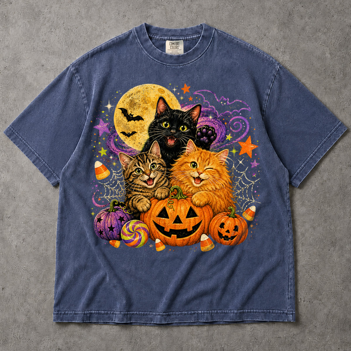 SF_COLOR=sport-grey|denim; SF_ITEM=adult-t-shirt; SF_ROLE=main; Cute Halloween Kittens Pumpkins T-Shirt Spooky Night Stars Candy Corn Tee - Sport Grey, Denim Adult T-Shirt product image