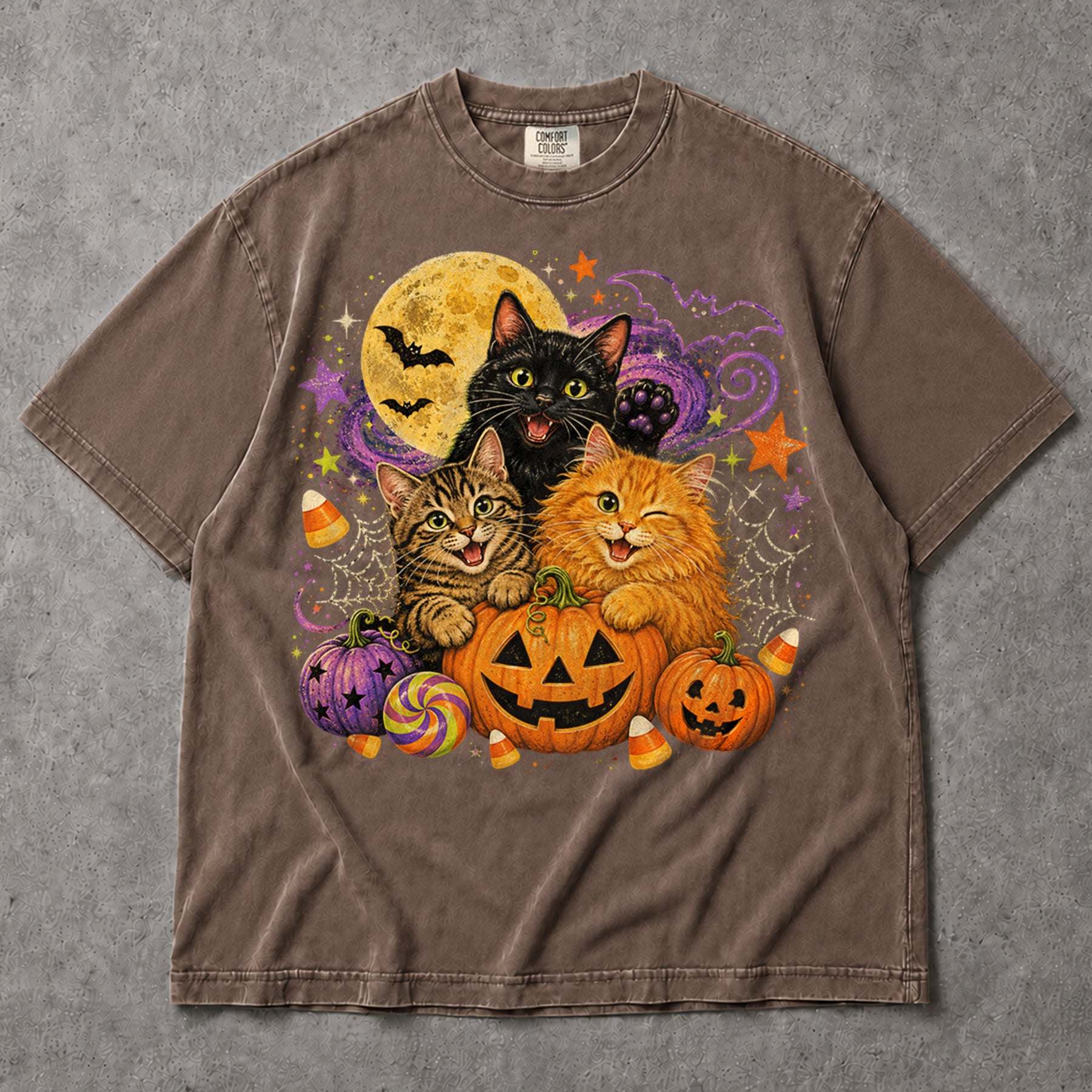 SF_COLOR=sport-grey|espresso; SF_ITEM=adult-t-shirt; SF_ROLE=main; Cute Halloween Kittens Pumpkins T-Shirt Spooky Night Stars Candy Corn Tee - Sport Grey, Espresso Adult T-Shirt product image
