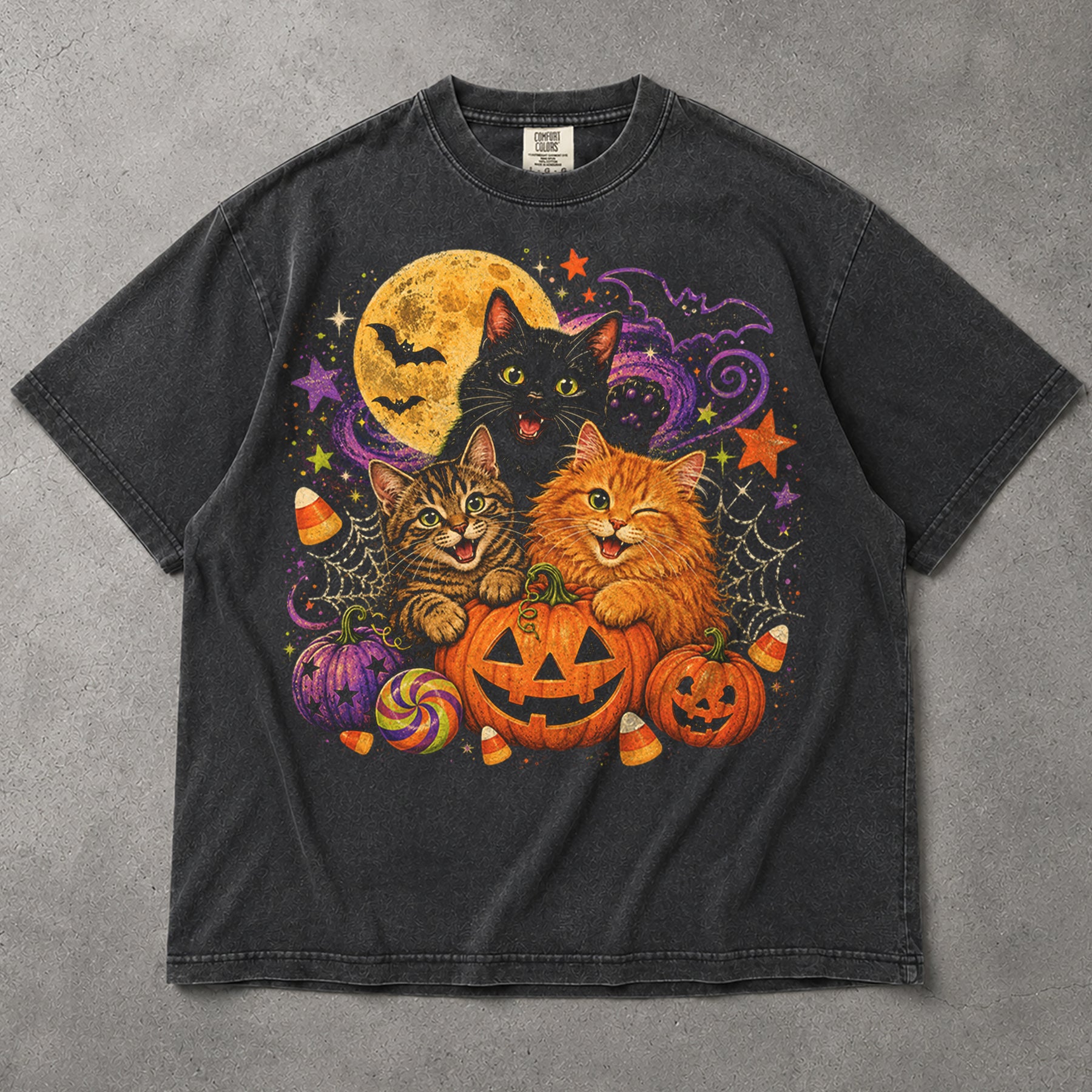 SF_COLOR=graphite; SF_ITEM=adult-t-shirt; SF_ROLE=main; Cute Halloween Kittens Pumpkins T-Shirt Spooky Night Stars Candy Corn Tee - Graphite Adult T-Shirt product image