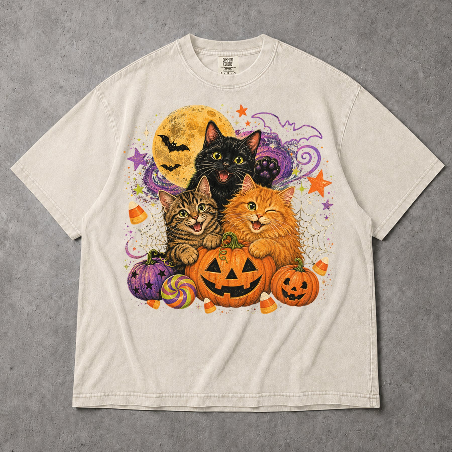 SF_COLOR=ivory; SF_ITEM=adult-t-shirt; SF_ROLE=gallery; Cute Halloween Kittens Pumpkins T-Shirt Spooky Night Stars Candy Corn Tee - Ivory Adult T-Shirt product image