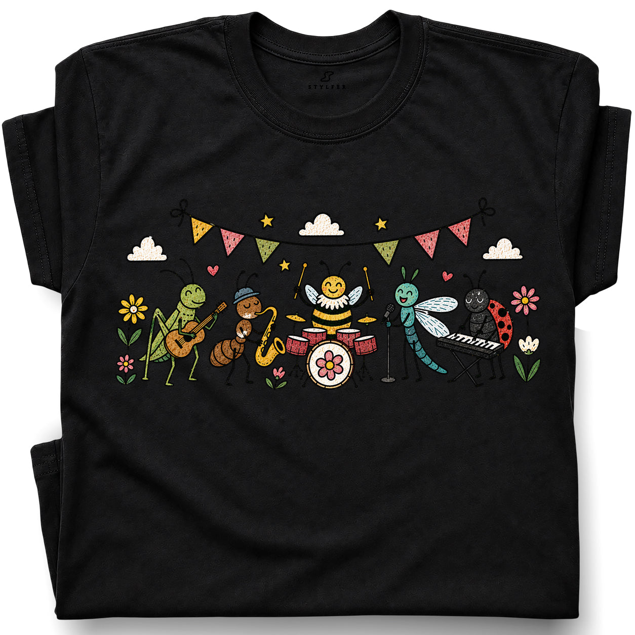 SF_COLOR=black; SF_ITEM=adult-t-shirt; SF_ROLE=gallery; Cute Insect Band Playing Music Animals T-Shirt Funny Bug Musician Nature Tee - Black Adult T-Shirt product image