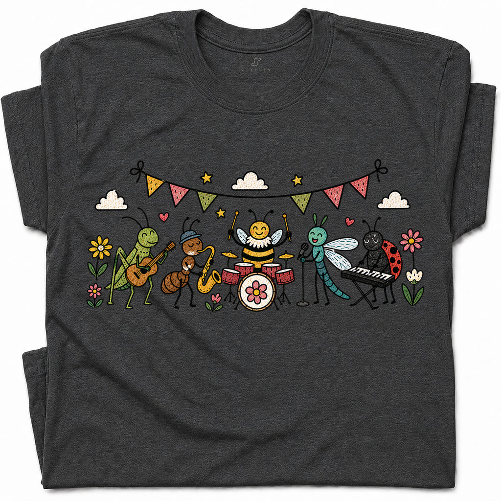 SF_COLOR=dark-heather; SF_ITEM=adult-t-shirt; SF_ROLE=gallery; Cute Insect Band Playing Music Animals T-Shirt Funny Bug Musician Nature Tee - Dark Heather Adult T-Shirt product image