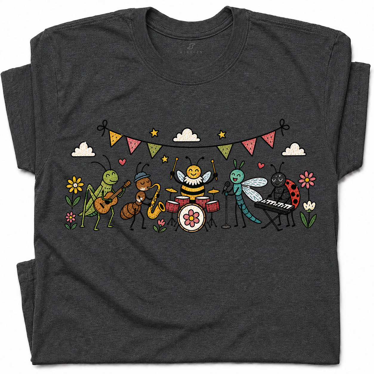 SF_COLOR=dark-heather; SF_ITEM=adult-t-shirt; SF_ROLE=gallery; Cute Insect Band Playing Music Animals T-Shirt Funny Bug Musician Nature Tee - Dark Heather Adult T-Shirt product image