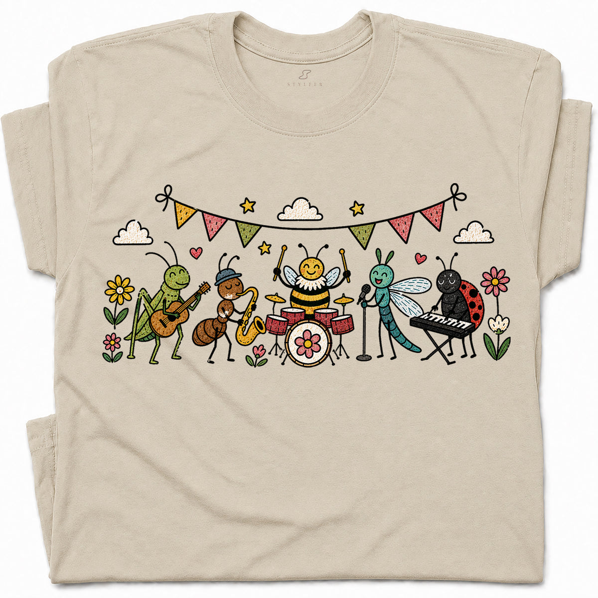SF_COLOR=sand; SF_ITEM=adult-t-shirt; SF_ROLE=gallery; Cute Insect Band Playing Music Animals T-Shirt Funny Bug Musician Nature Tee - Sand Adult T-Shirt product image