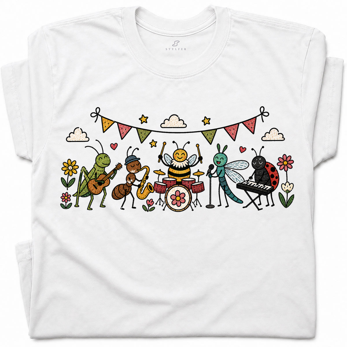 SF_COLOR=white; SF_ITEM=adult-t-shirt; SF_ROLE=gallery; Cute Insect Band Playing Music Animals T-Shirt Funny Bug Musician Nature Tee - White Adult T-Shirt product image