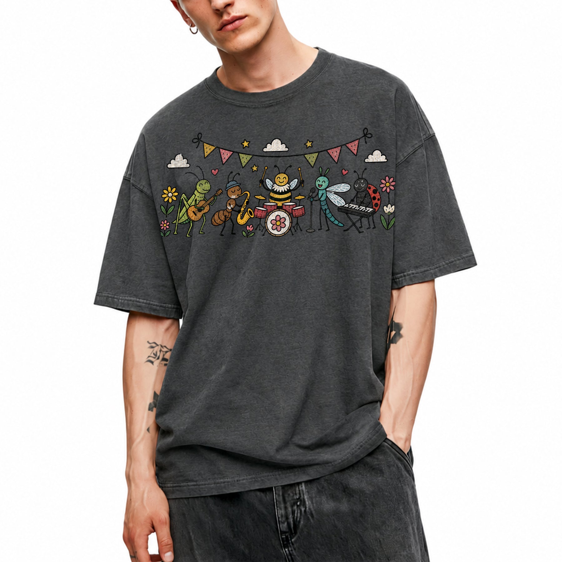 SF_COLOR=dark-heather; SF_ITEM=adult-t-shirt; SF_ROLE=main; Cute Insect Band Playing Music Animals T-Shirt Funny Bug Musician Nature Tee - Dark Heather Adult T-Shirt product image