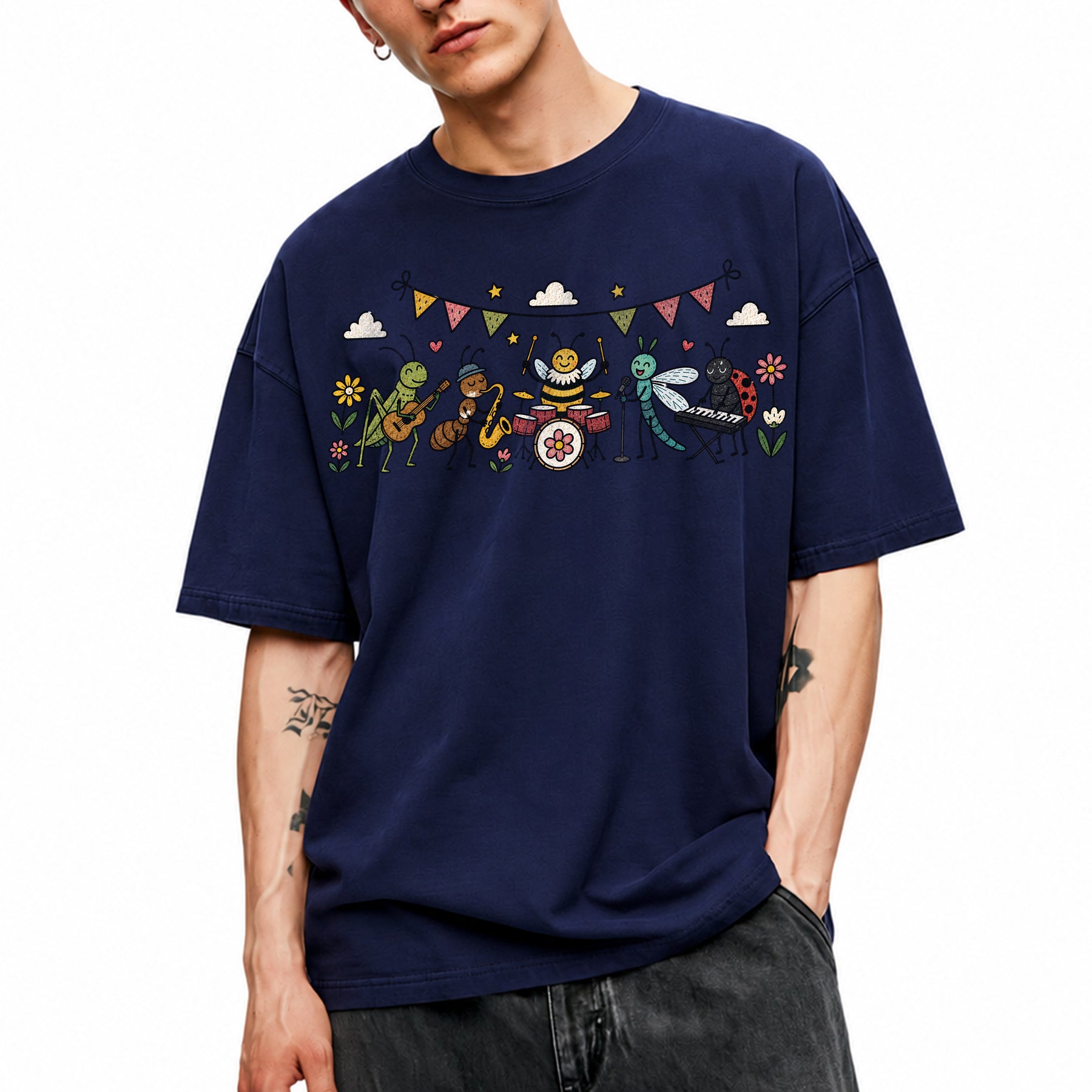 SF_COLOR=navy; SF_ITEM=adult-t-shirt; SF_ROLE=main; Cute Insect Band Playing Music Animals T-Shirt Funny Bug Musician Nature Tee - Navy Adult T-Shirt product image