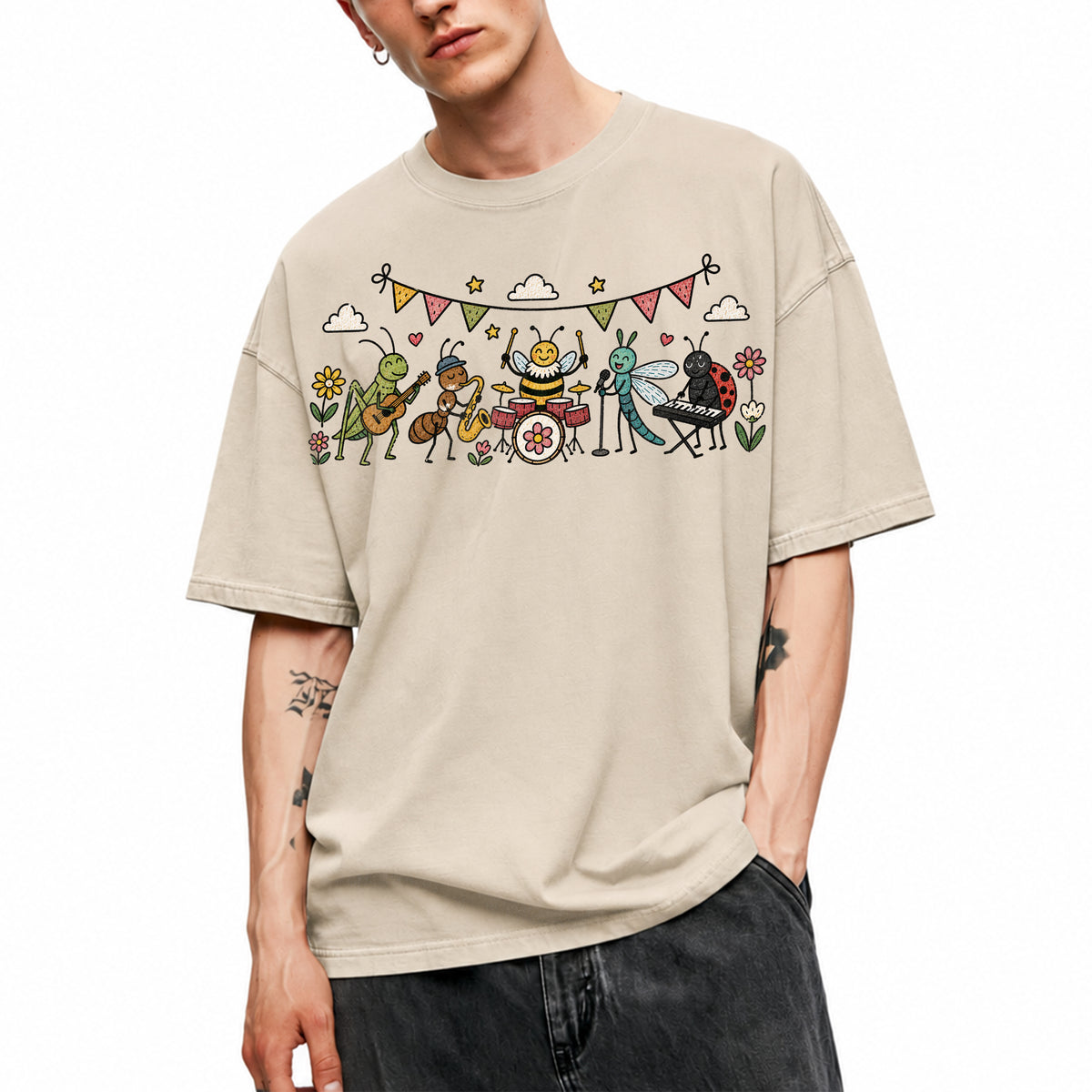 SF_COLOR=sand; SF_ITEM=adult-t-shirt; SF_ROLE=main; Cute Insect Band Playing Music Animals T-Shirt Funny Bug Musician Nature Tee - Sand Adult T-Shirt product image