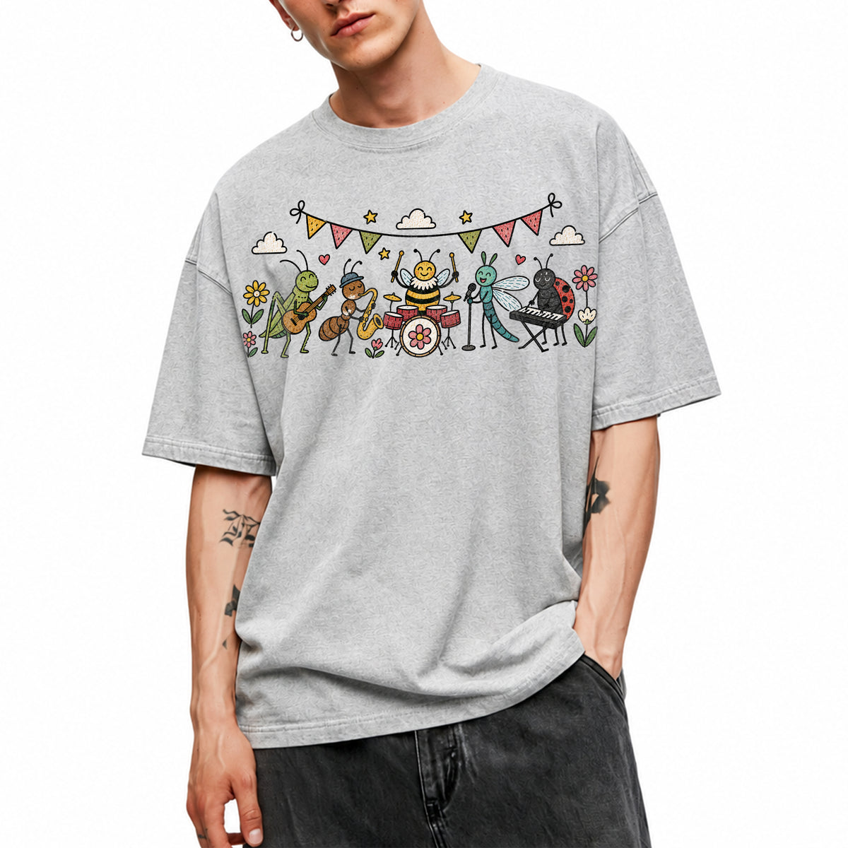SF_COLOR=sport-grey; SF_ITEM=adult-t-shirt; SF_ROLE=main; Cute Insect Band Playing Music Animals T-Shirt Funny Bug Musician Nature Tee - Sport Grey Adult T-Shirt product image