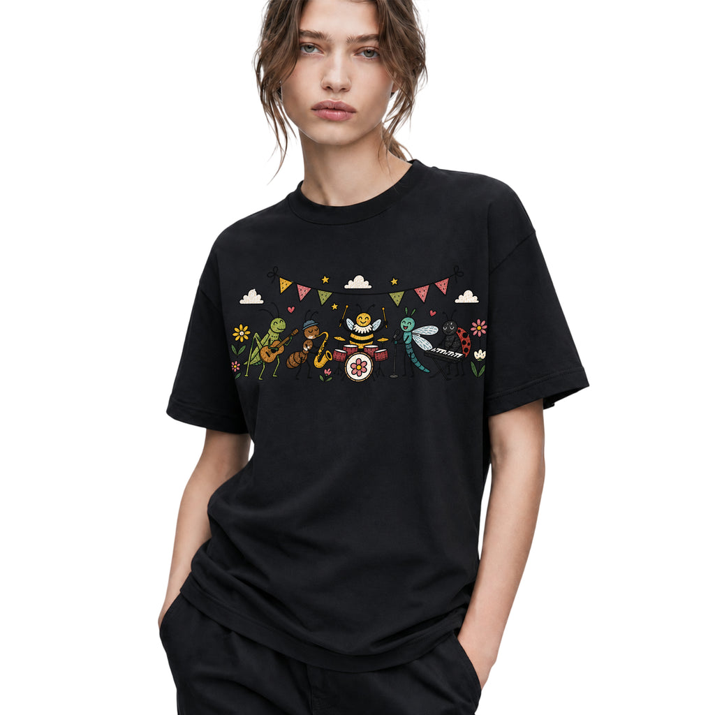 SF_COLOR=black; SF_ITEM=adult-t-shirt; SF_ROLE=gallery; Cute Insect Band Playing Music Animals T-Shirt Funny Bug Musician Nature Tee - Black Adult T-Shirt product image