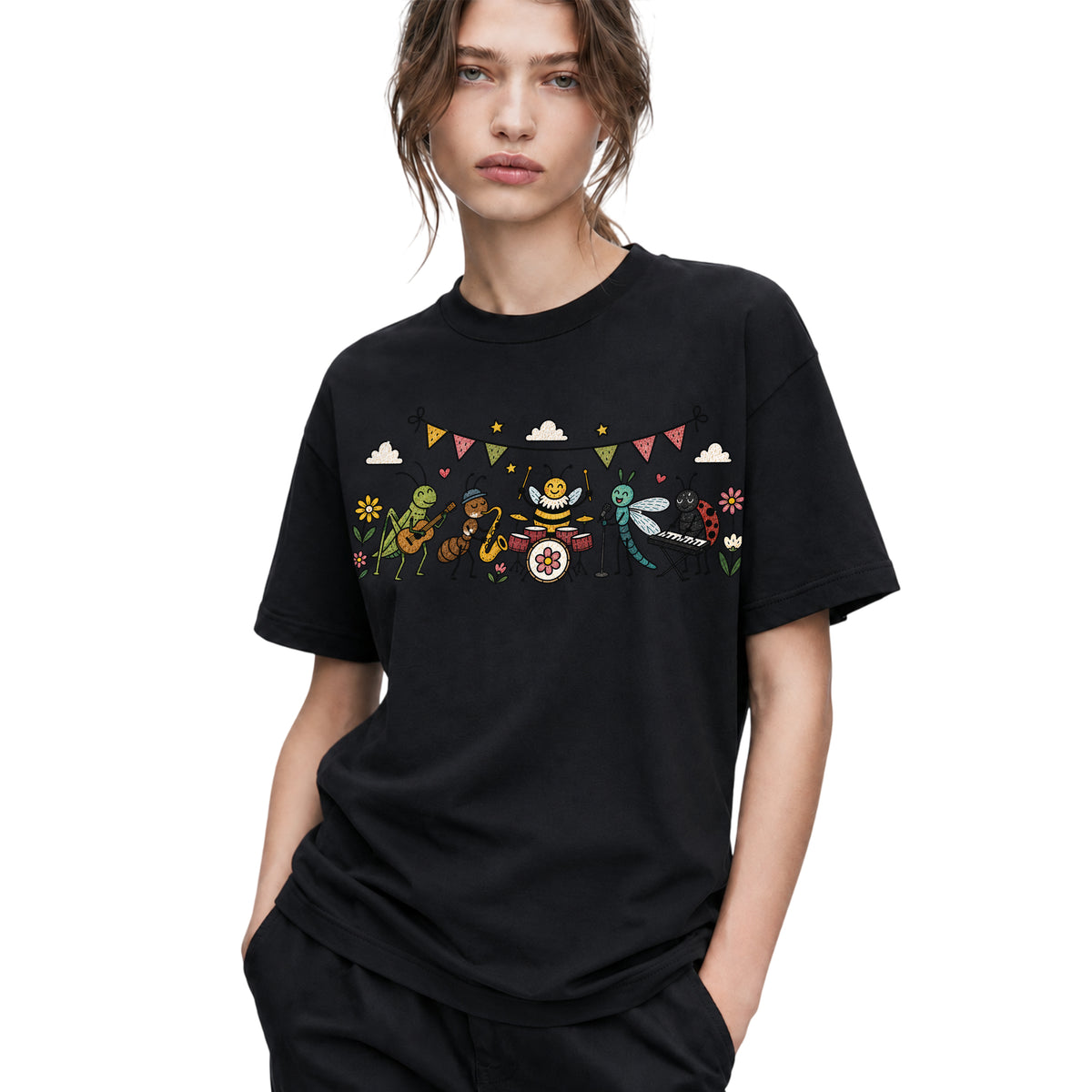 SF_COLOR=black; SF_ITEM=adult-t-shirt; SF_ROLE=gallery; Cute Insect Band Playing Music Animals T-Shirt Funny Bug Musician Nature Tee - Black Adult T-Shirt product image