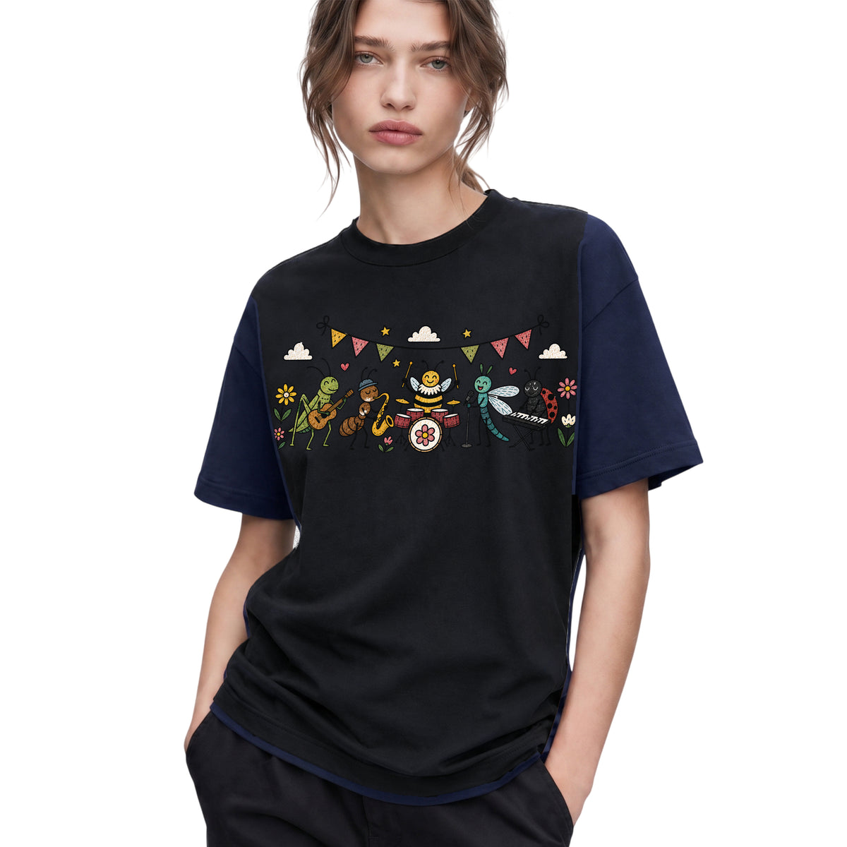 SF_COLOR=navy; SF_ITEM=adult-t-shirt; SF_ROLE=gallery; Cute Insect Band Playing Music Animals T-Shirt Funny Bug Musician Nature Tee - Navy Adult T-Shirt product image
