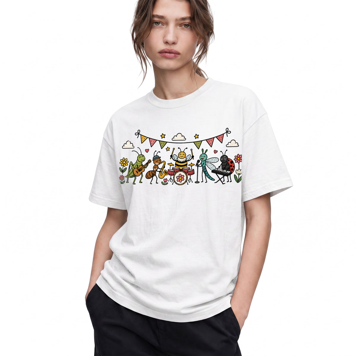 SF_COLOR=white; SF_ITEM=adult-t-shirt; SF_ROLE=gallery; Cute Insect Band Playing Music Animals T-Shirt Funny Bug Musician Nature Tee - White Adult T-Shirt product image