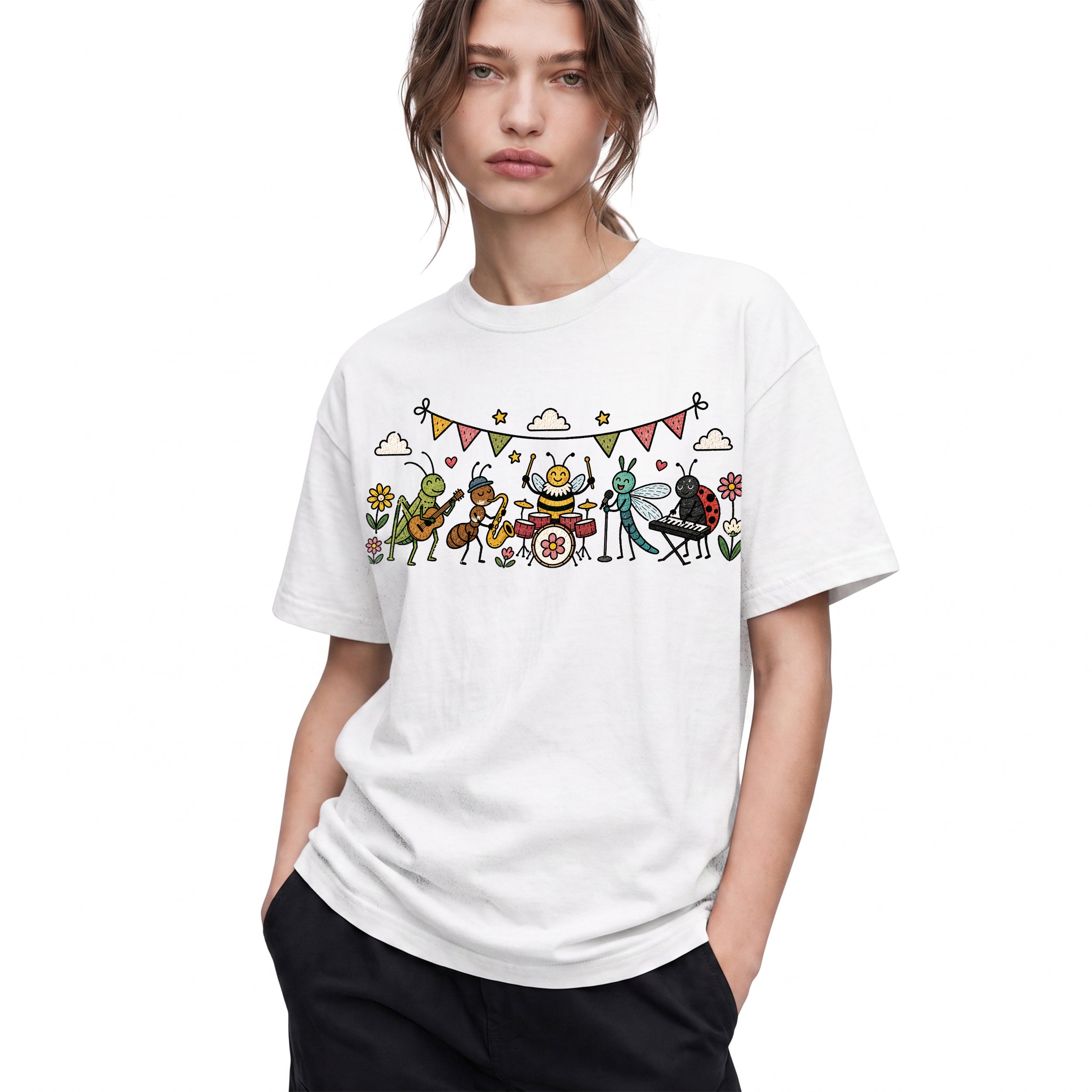 SF_COLOR=white; SF_ITEM=adult-t-shirt; SF_ROLE=gallery; Cute Insect Band Playing Music Animals T-Shirt Funny Bug Musician Nature Tee - White Adult T-Shirt product image