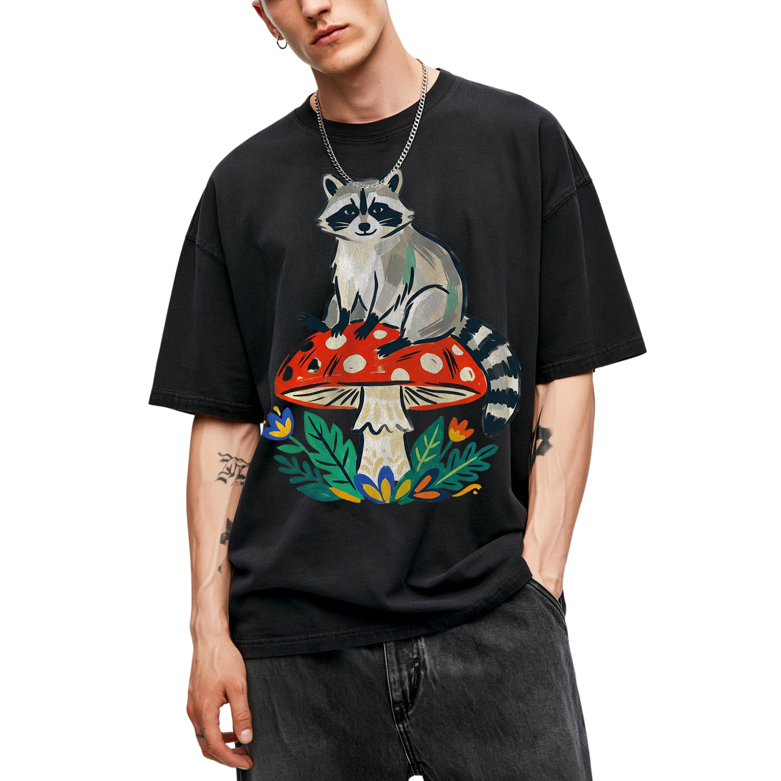 SF_COLOR=black; SF_ITEM=adult-t-shirt; SF_ROLE=main; Cute Raccoon Red Mushroom Forest Nature Cottagecore T-Shirt Whimsical Animal Tee - Black Adult T-Shirt product image