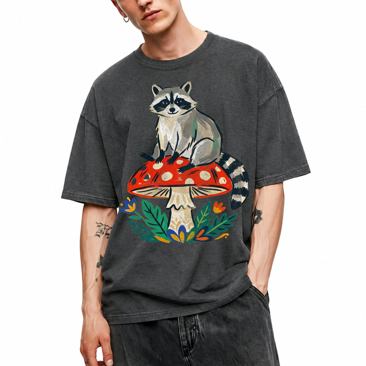 SF_COLOR=dark-heather; SF_ITEM=adult-t-shirt; SF_ROLE=main; Cute Raccoon Red Mushroom Forest Nature Cottagecore T-Shirt Whimsical Animal Tee - Dark Heather Adult T-Shirt product image