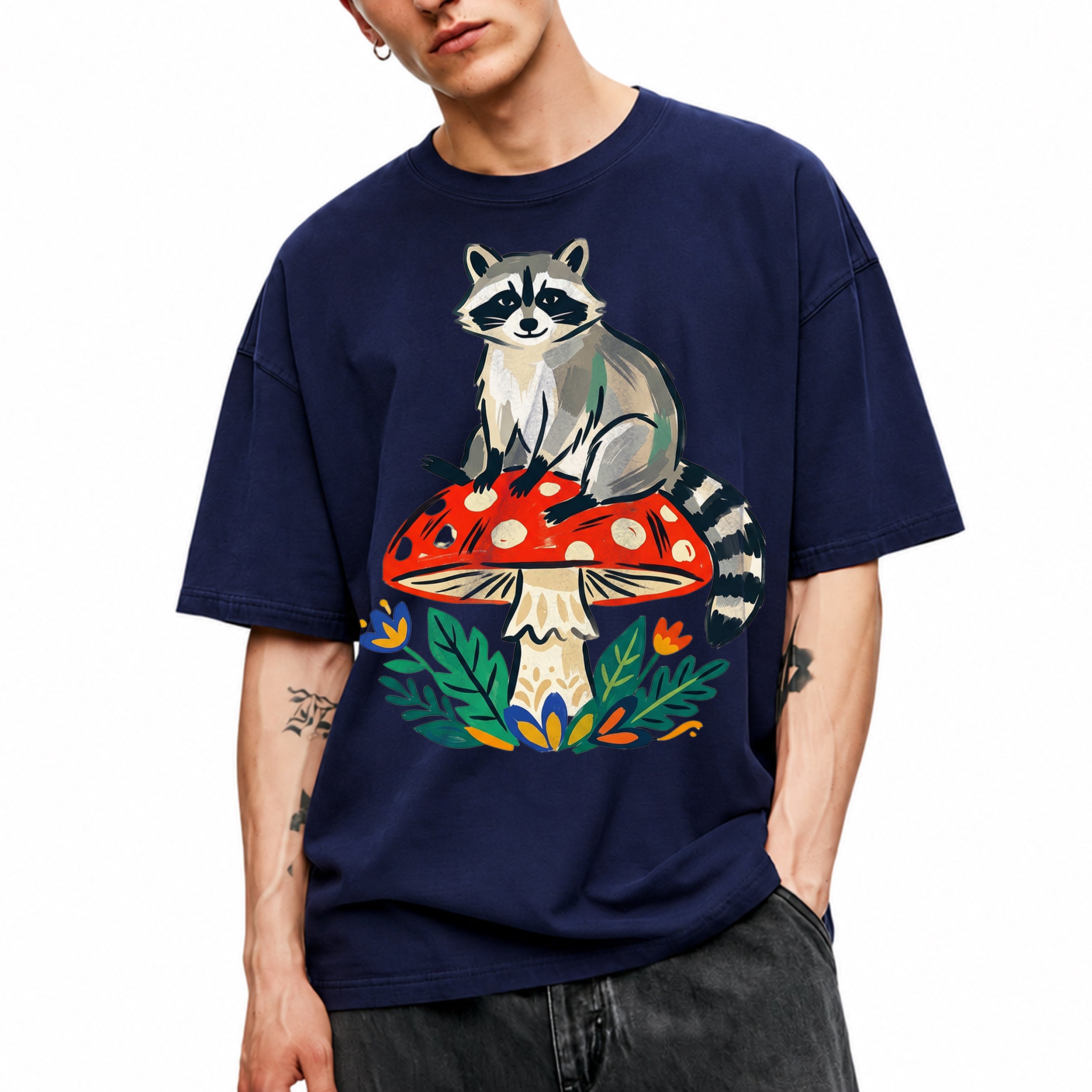 SF_COLOR=navy; SF_ITEM=adult-t-shirt; SF_ROLE=main; Cute Raccoon Red Mushroom Forest Nature Cottagecore T-Shirt Whimsical Animal Tee - Navy Adult T-Shirt product image