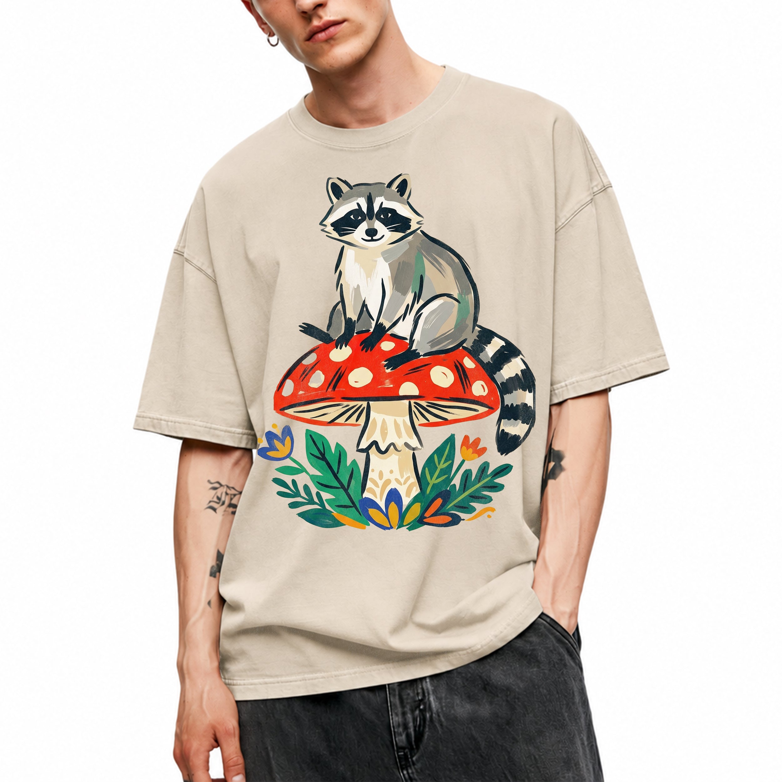 SF_COLOR=sand; SF_ITEM=adult-t-shirt; SF_ROLE=main; Cute Raccoon Red Mushroom Forest Nature Cottagecore T-Shirt Whimsical Animal Tee - Sand Adult T-Shirt product image