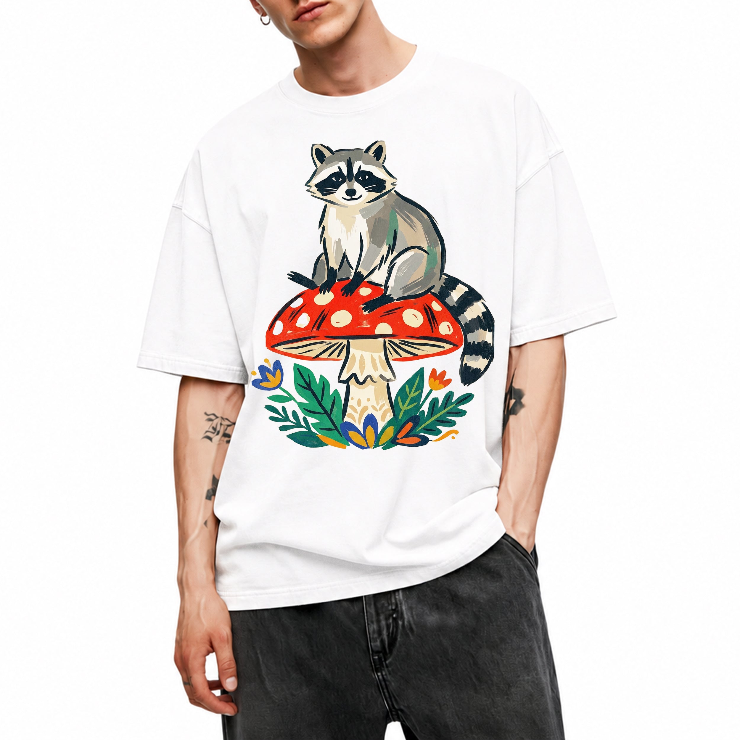 SF_COLOR=white; SF_ITEM=adult-t-shirt; SF_ROLE=main; Cute Raccoon Red Mushroom Forest Nature Cottagecore T-Shirt Whimsical Animal Tee - White Adult T-Shirt product image