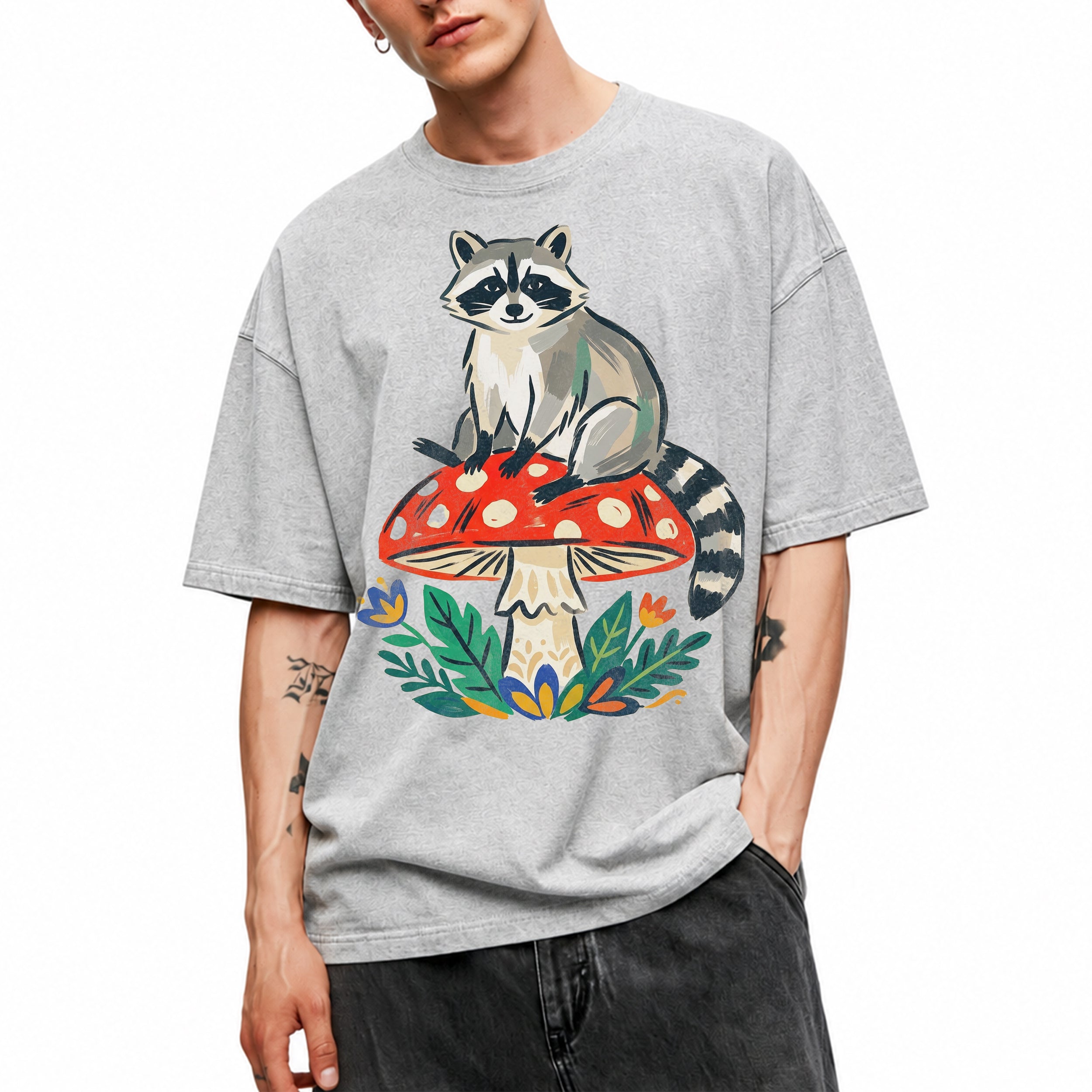SF_COLOR=sport-grey; SF_ITEM=adult-t-shirt; SF_ROLE=main; Cute Raccoon Red Mushroom Forest Nature Cottagecore T-Shirt Whimsical Animal Tee - Sport Grey Adult T-Shirt product image