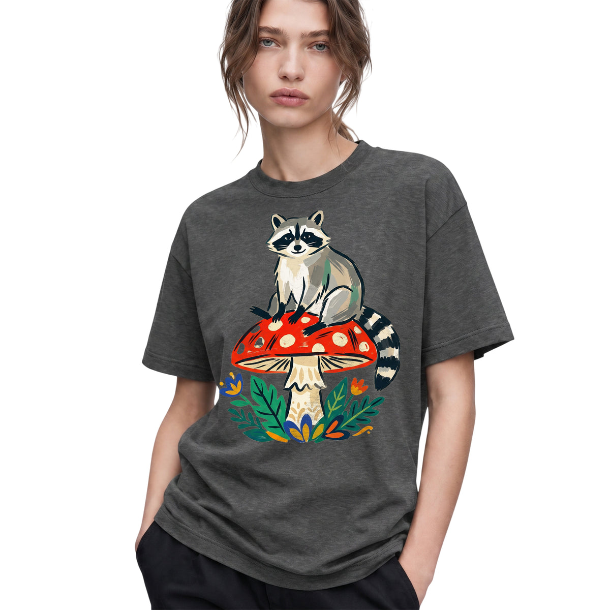 SF_COLOR=dark-heather; SF_ITEM=adult-t-shirt; SF_ROLE=gallery; Cute Raccoon Red Mushroom Forest Nature Cottagecore T-Shirt Whimsical Animal Tee - Dark Heather Adult T-Shirt product image