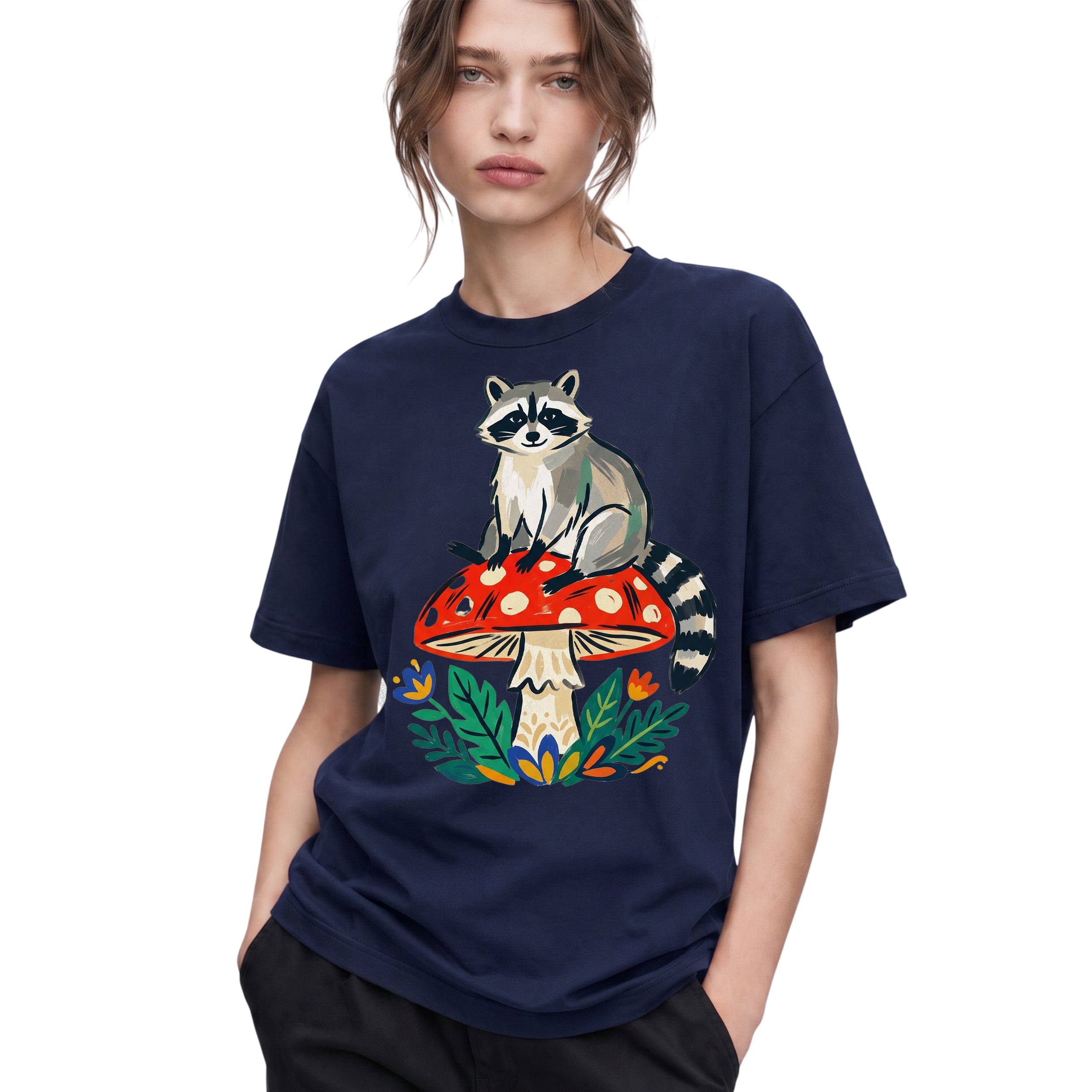 SF_COLOR=navy; SF_ITEM=adult-t-shirt; SF_ROLE=gallery; Cute Raccoon Red Mushroom Forest Nature Cottagecore T-Shirt Whimsical Animal Tee - Navy Adult T-Shirt product image