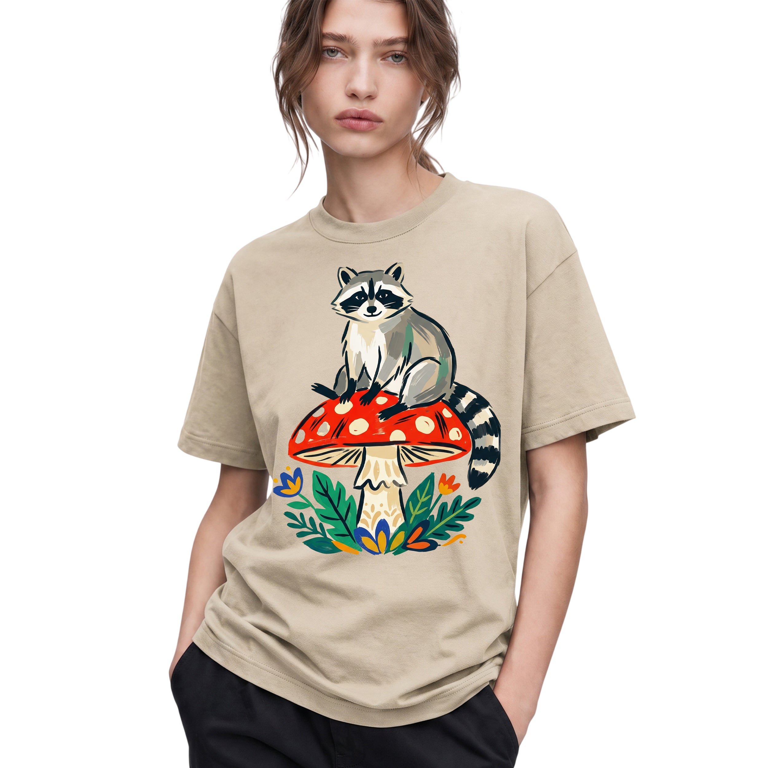 SF_COLOR=sand; SF_ITEM=adult-t-shirt; SF_ROLE=gallery; Cute Raccoon Red Mushroom Forest Nature Cottagecore T-Shirt Whimsical Animal Tee - Sand Adult T-Shirt product image