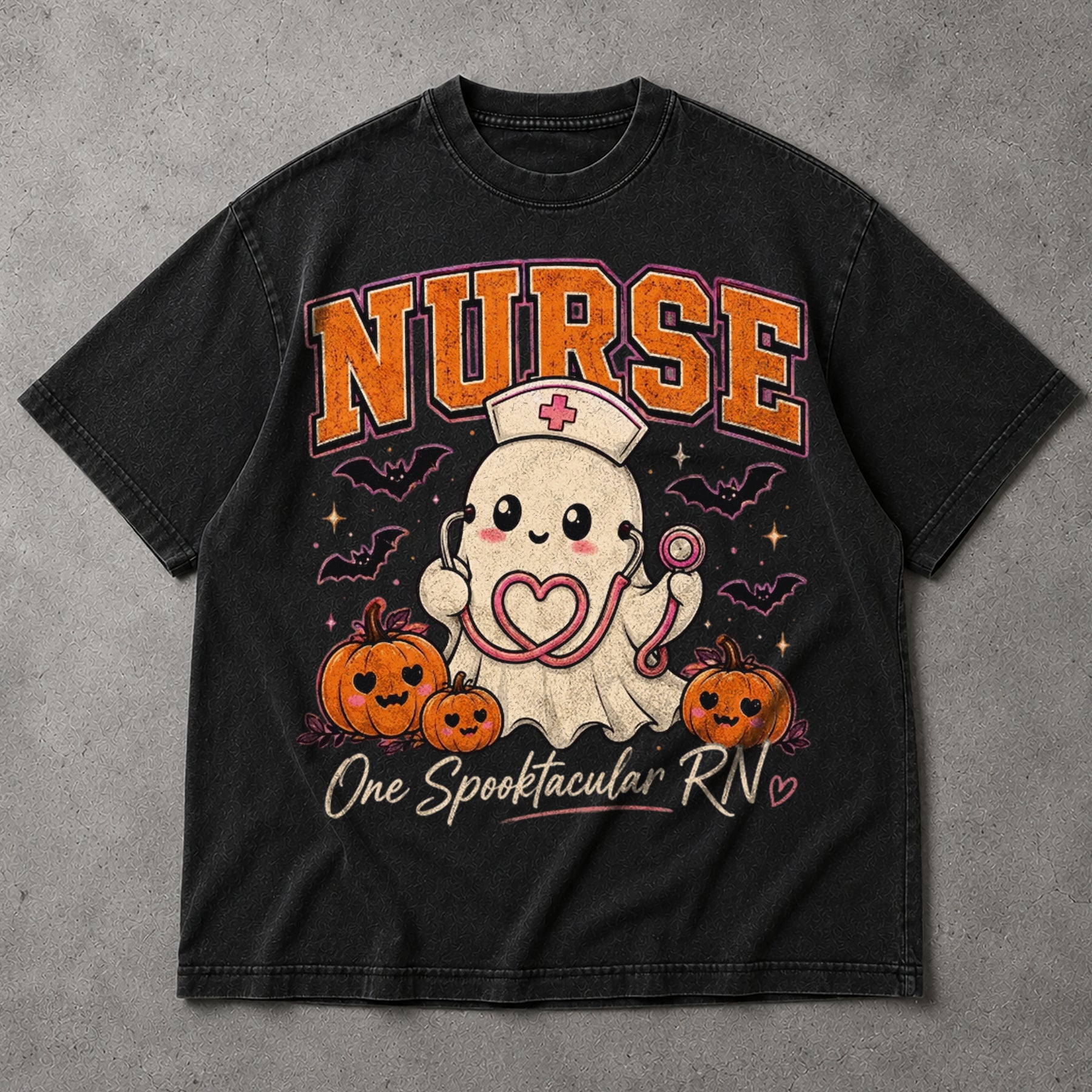 SF_COLOR=black; SF_ITEM=adult-t-shirt; SF_ROLE=main; Cute Spooktacular Nurse RN T-Shirt Ghost Stethoscope Pumpkins Halloween Tee - Black Adult T-Shirt product image