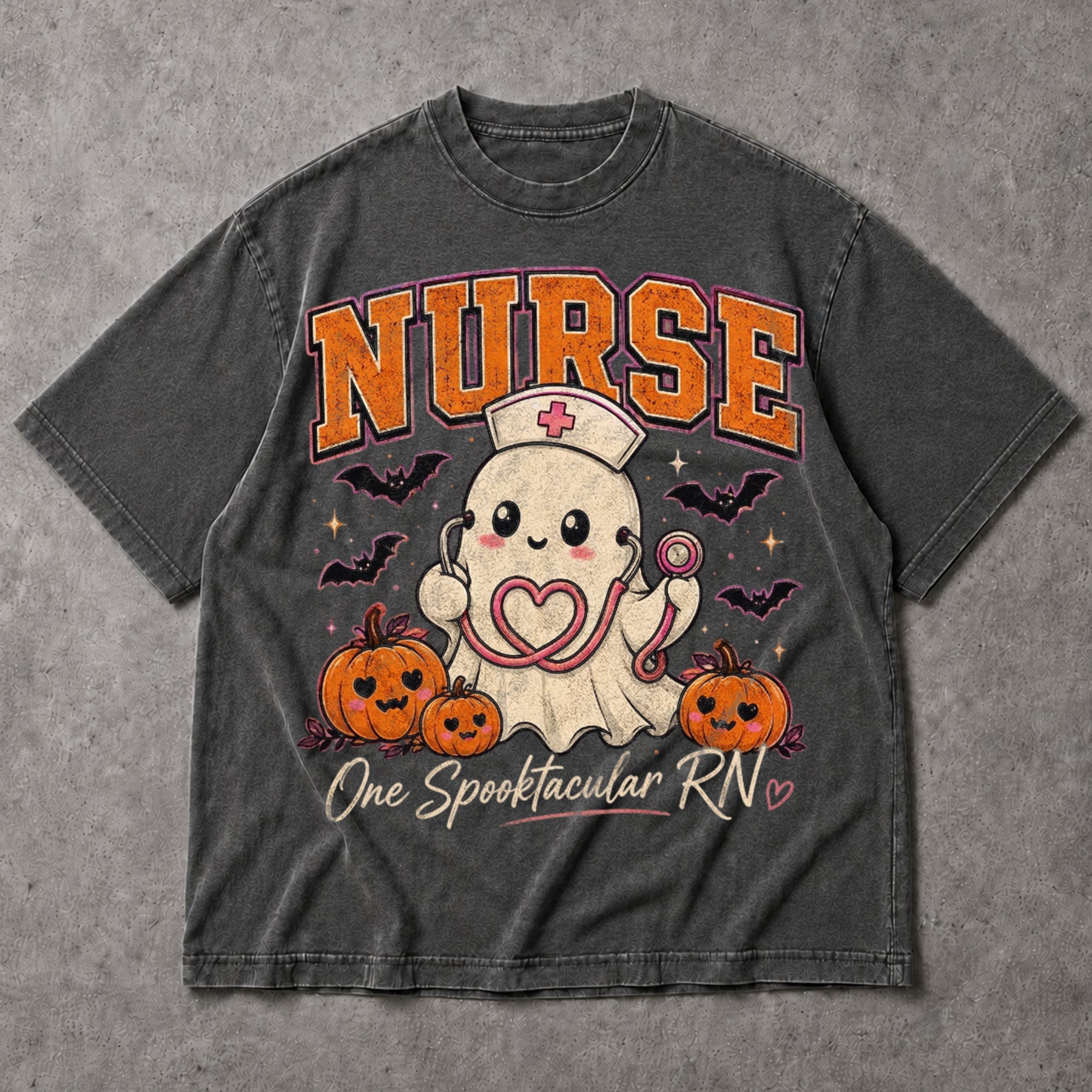 SF_COLOR=dark-heather; SF_ITEM=adult-t-shirt; SF_ROLE=main; Cute Spooktacular Nurse RN T-Shirt Ghost Stethoscope Pumpkins Halloween Tee - Dark Heather Adult T-Shirt product image