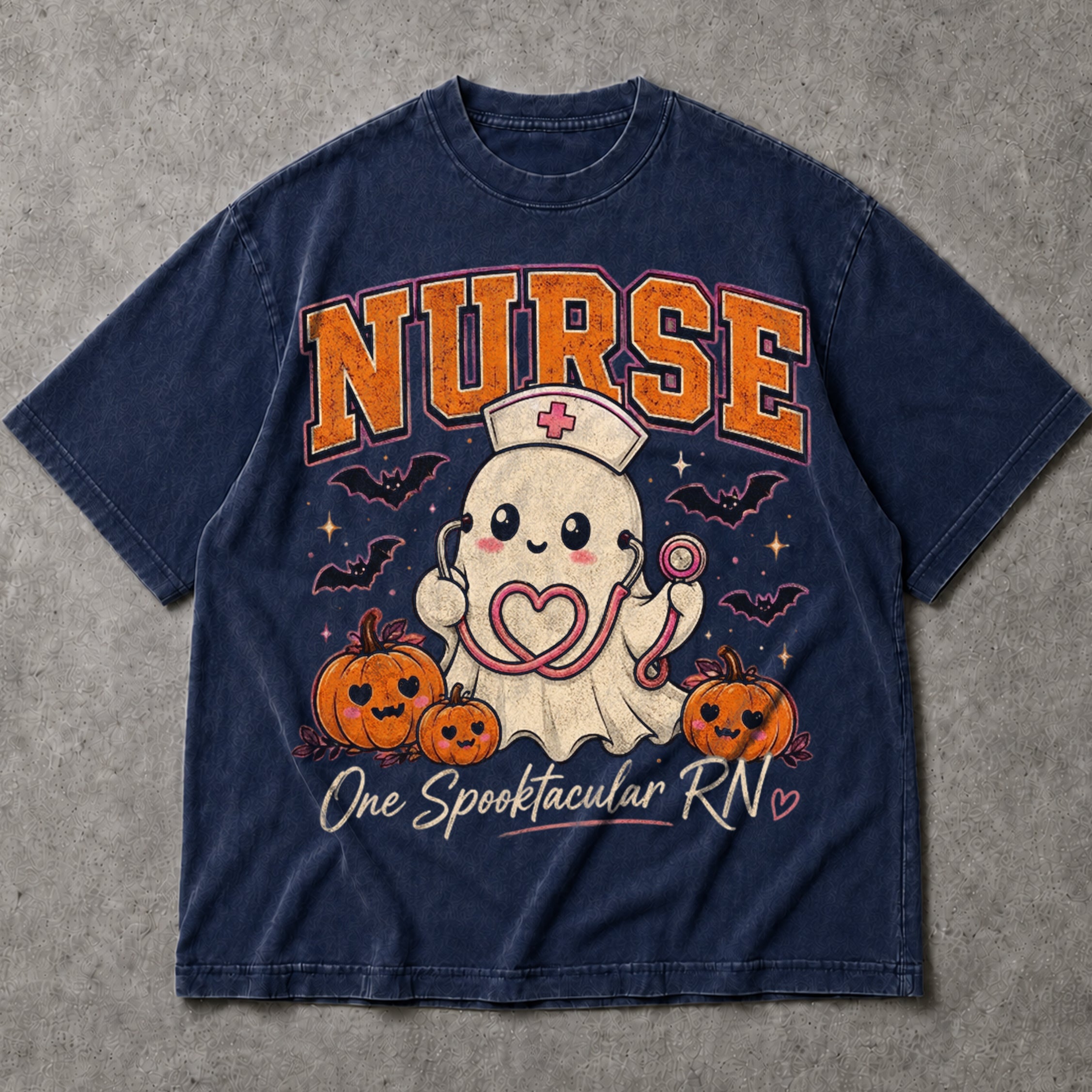 SF_COLOR=navy; SF_ITEM=adult-t-shirt; SF_ROLE=main; Cute Spooktacular Nurse RN T-Shirt Ghost Stethoscope Pumpkins Halloween Tee - Navy Adult T-Shirt product image