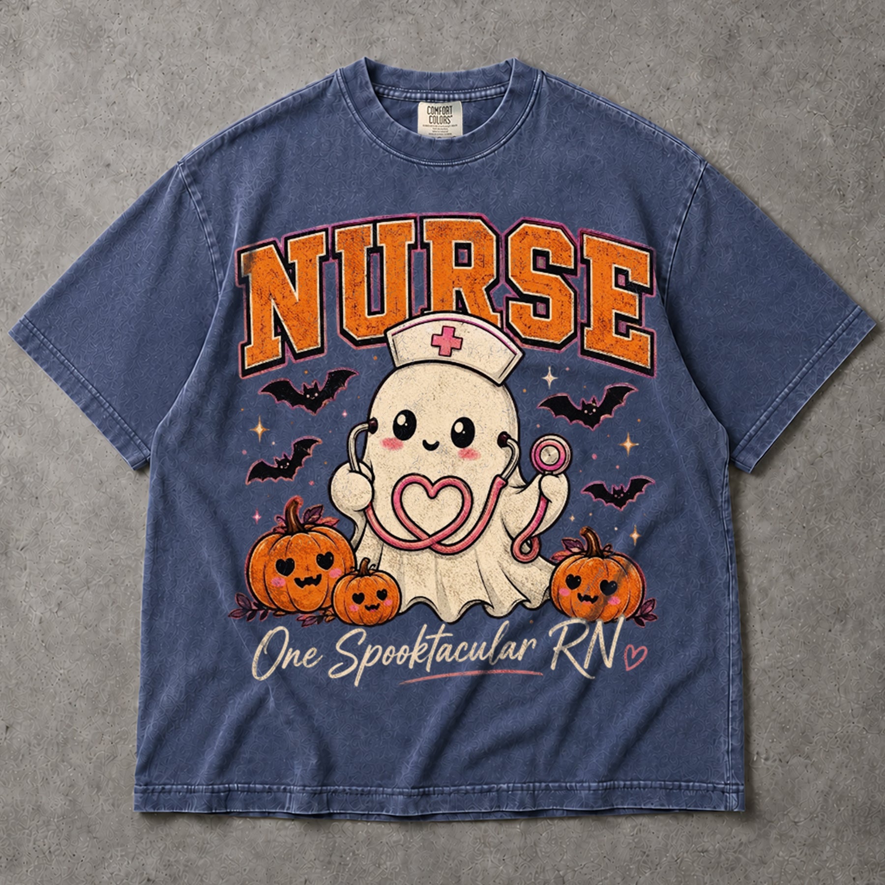 SF_COLOR=sport-grey|denim; SF_ITEM=adult-t-shirt; SF_ROLE=main; Cute Spooktacular Nurse RN T-Shirt Ghost Stethoscope Pumpkins Halloween Tee - Sport Grey, Denim Adult T-Shirt product image