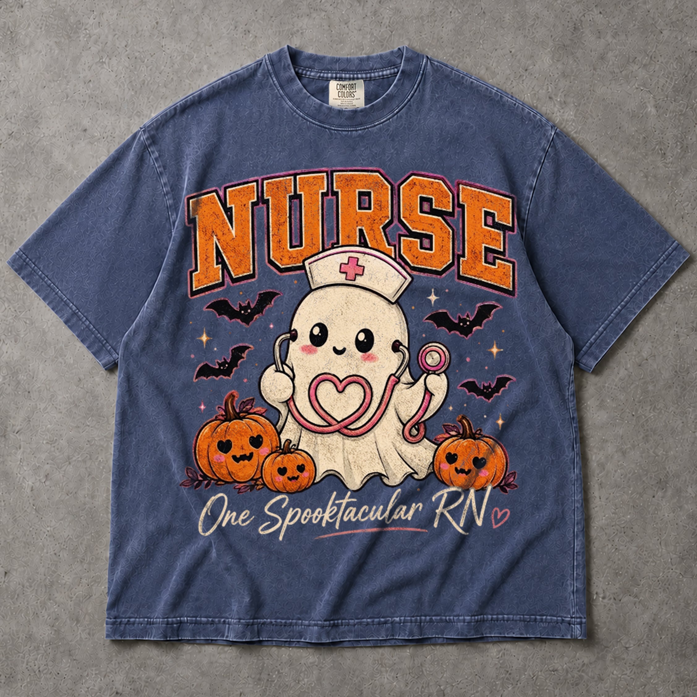 SF_COLOR=sport-grey|denim; SF_ITEM=adult-t-shirt; SF_ROLE=main; Cute Spooktacular Nurse RN T-Shirt Ghost Stethoscope Pumpkins Halloween Tee - Sport Grey, Denim Adult T-Shirt product image