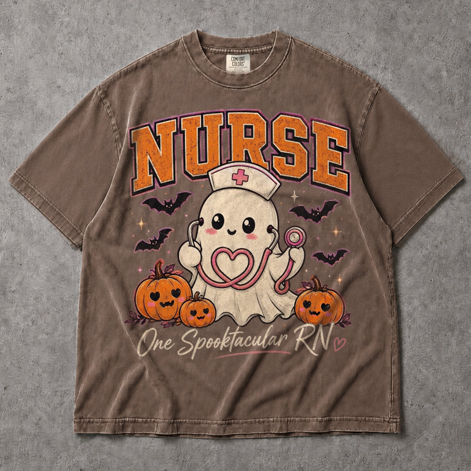 SF_COLOR=sport-grey|espresso; SF_ITEM=adult-t-shirt; SF_ROLE=main; Cute Spooktacular Nurse RN T-Shirt Ghost Stethoscope Pumpkins Halloween Tee - Sport Grey, Espresso Adult T-Shirt product image