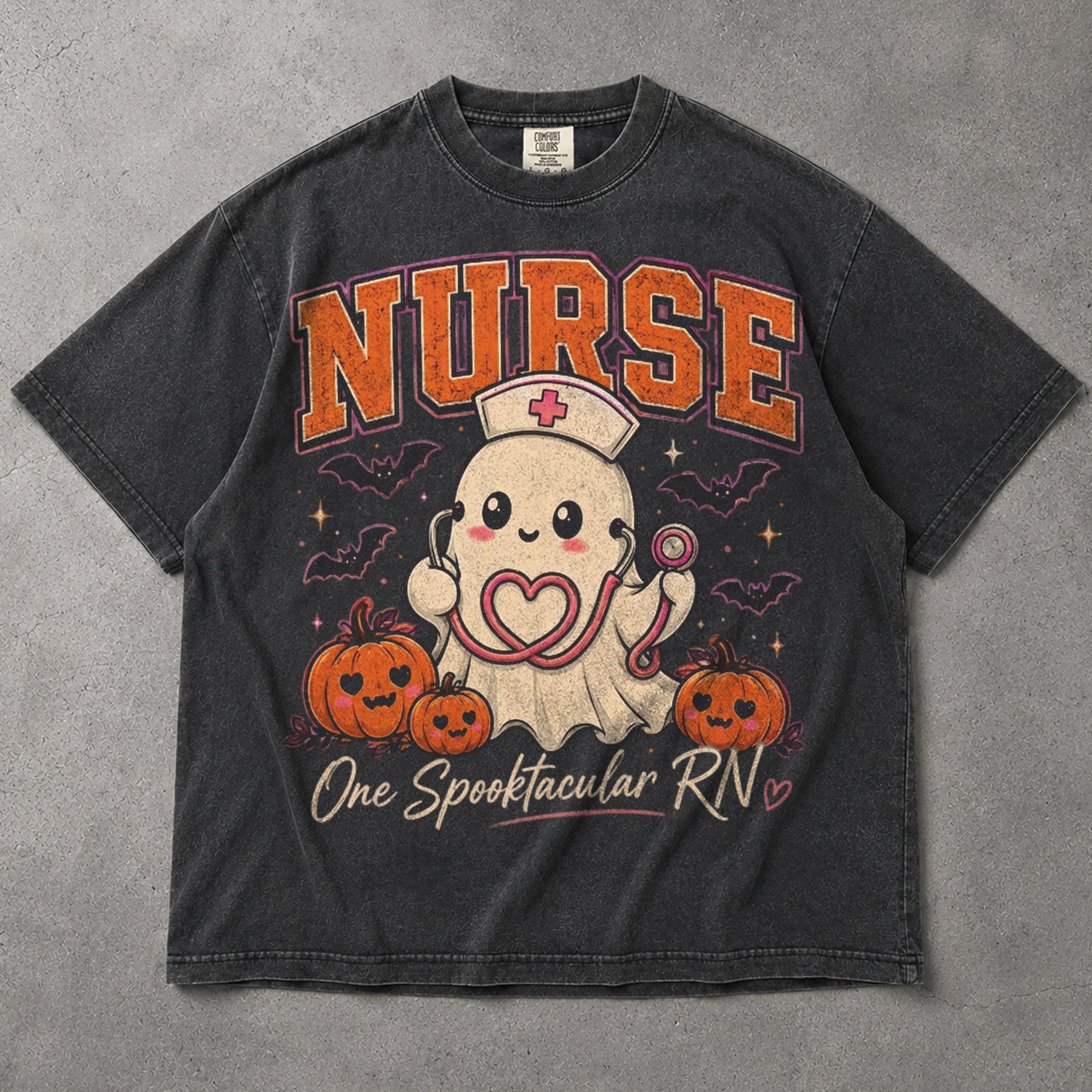 SF_COLOR=graphite; SF_ITEM=adult-t-shirt; SF_ROLE=main; Cute Spooktacular Nurse RN T-Shirt Ghost Stethoscope Pumpkins Halloween Tee - Graphite Adult T-Shirt product image