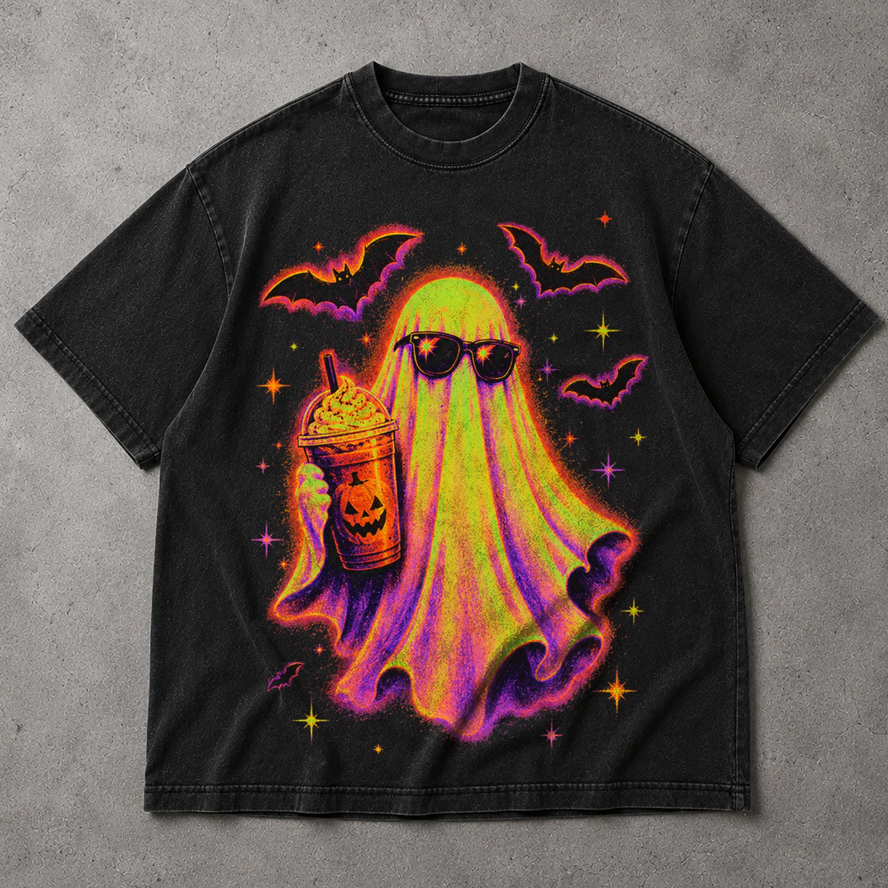 SF_COLOR=black; SF_ITEM=adult-t-shirt; SF_ROLE=main; Cute Spooky Ghost Iced Coffee T-Shirt Sunglasses Halloween Autumn Vibes Tee - Black Adult T-Shirt product image