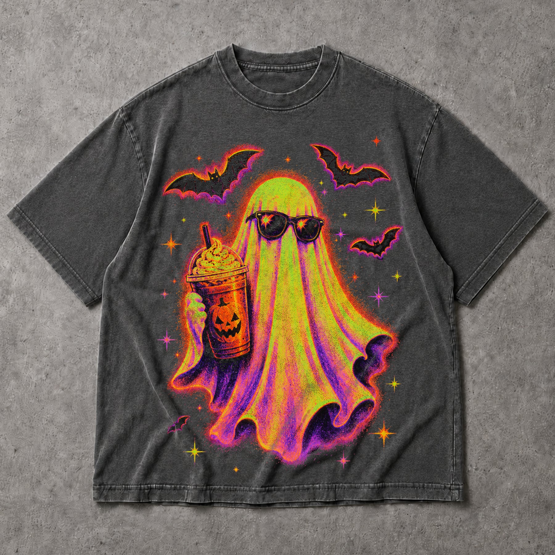 SF_COLOR=dark-heather; SF_ITEM=adult-t-shirt; SF_ROLE=main; Cute Spooky Ghost Iced Coffee T-Shirt Sunglasses Halloween Autumn Vibes Tee - Dark Heather Adult T-Shirt product image