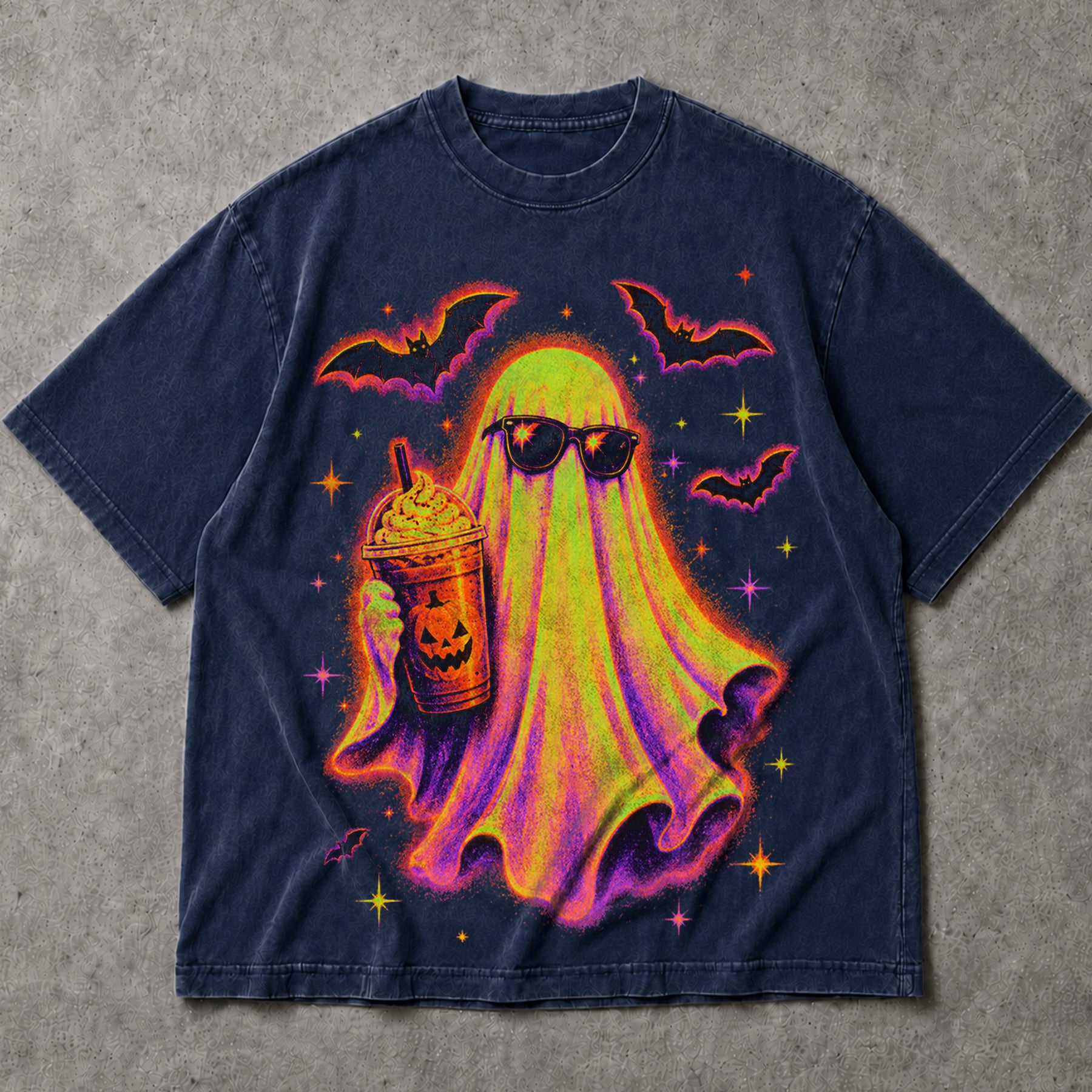 SF_COLOR=navy; SF_ITEM=adult-t-shirt; SF_ROLE=main; Cute Spooky Ghost Iced Coffee T-Shirt Sunglasses Halloween Autumn Vibes Tee - Navy Adult T-Shirt product image