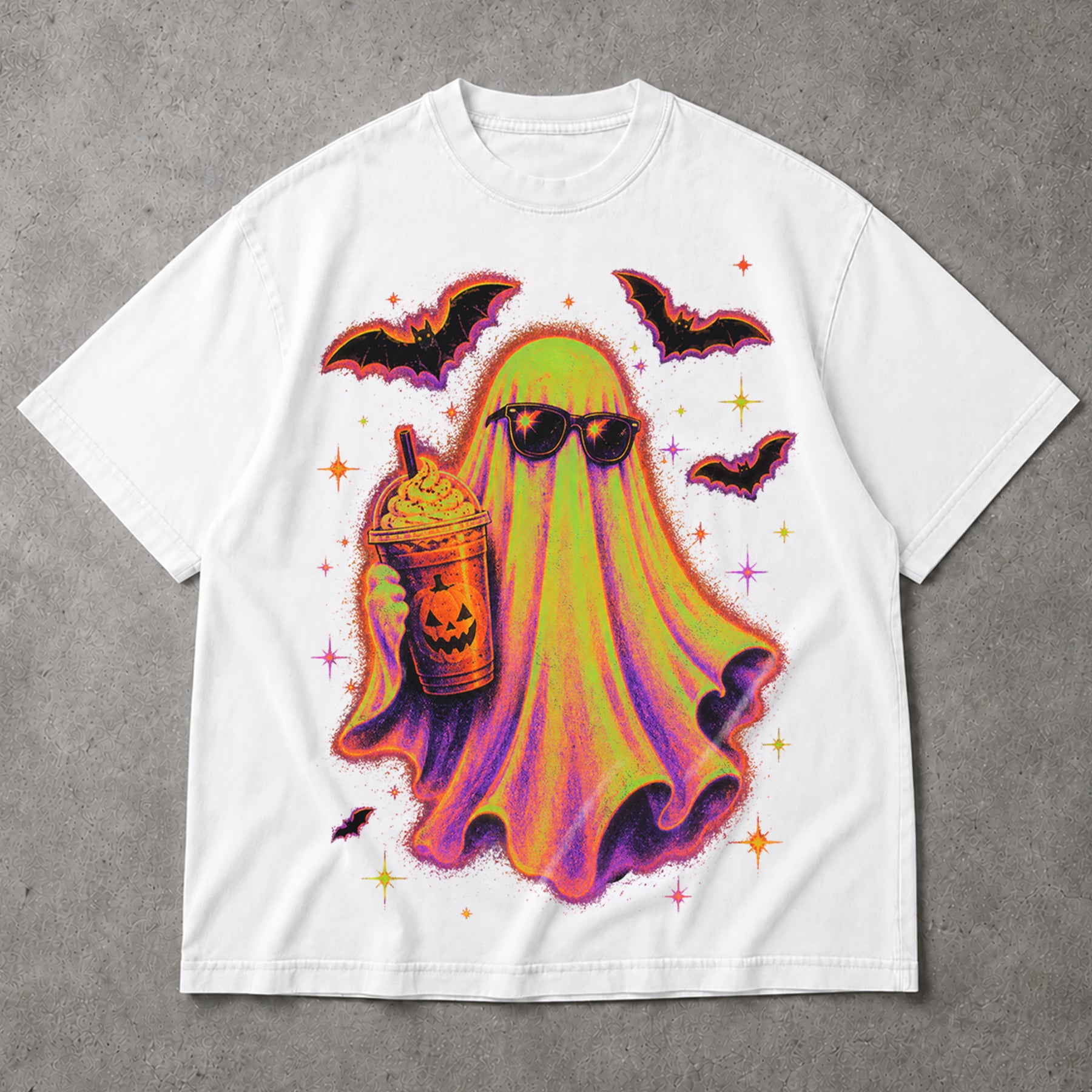 SF_COLOR=white; SF_ITEM=adult-t-shirt; SF_ROLE=main; Cute Spooky Ghost Iced Coffee T-Shirt Sunglasses Halloween Autumn Vibes Tee - White Adult T-Shirt product image