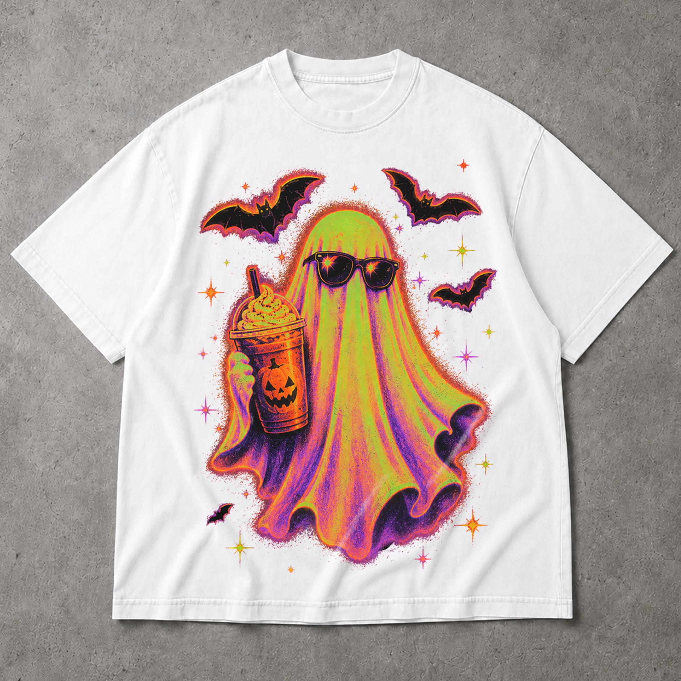 SF_COLOR=white; SF_ITEM=adult-t-shirt; SF_ROLE=main; Cute Spooky Ghost Iced Coffee T-Shirt Sunglasses Halloween Autumn Vibes Tee - White Adult T-Shirt product image