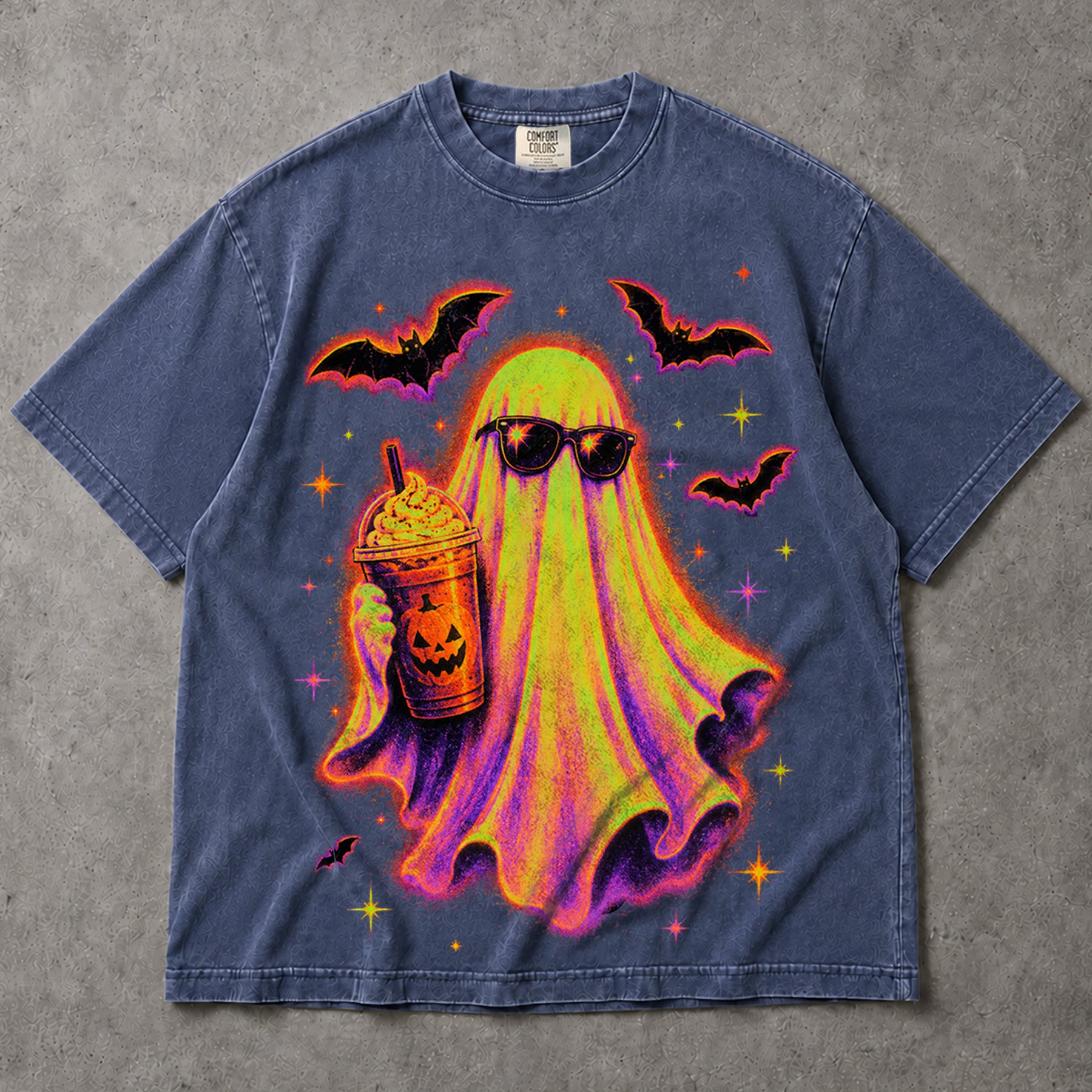 SF_COLOR=sport-grey|denim; SF_ITEM=adult-t-shirt; SF_ROLE=main; Cute Spooky Ghost Iced Coffee T-Shirt Sunglasses Halloween Autumn Vibes Tee - Sport Grey, Denim Adult T-Shirt product image