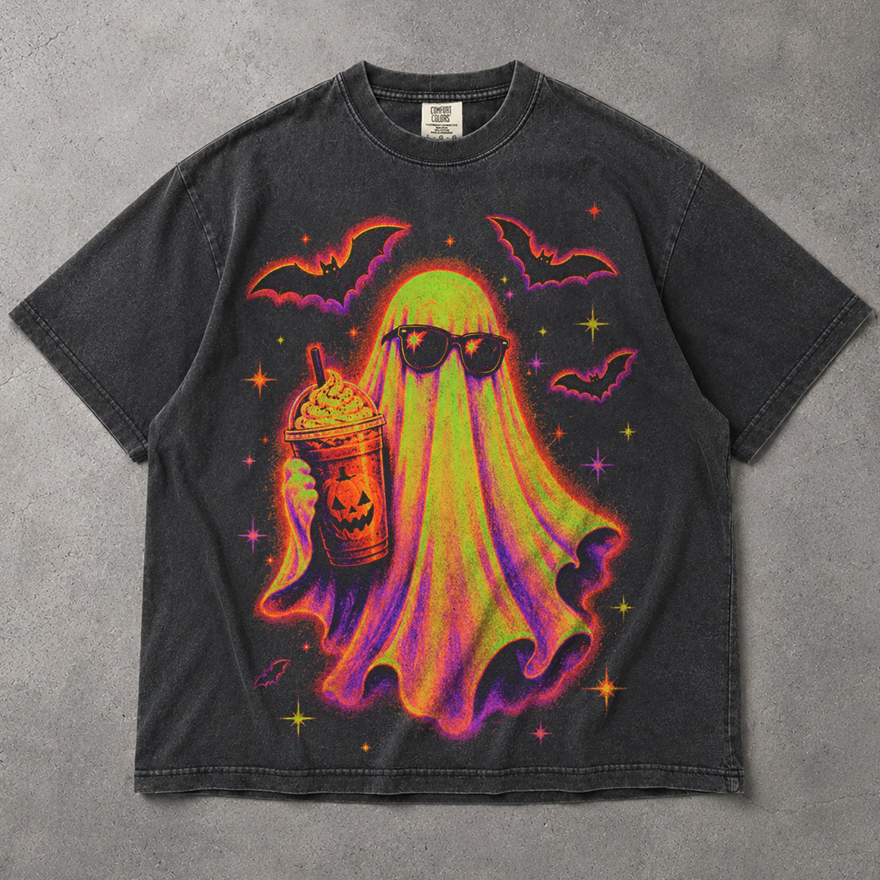 SF_COLOR=graphite; SF_ITEM=adult-t-shirt; SF_ROLE=main; Cute Spooky Ghost Iced Coffee T-Shirt Sunglasses Halloween Autumn Vibes Tee - Graphite Adult T-Shirt product image