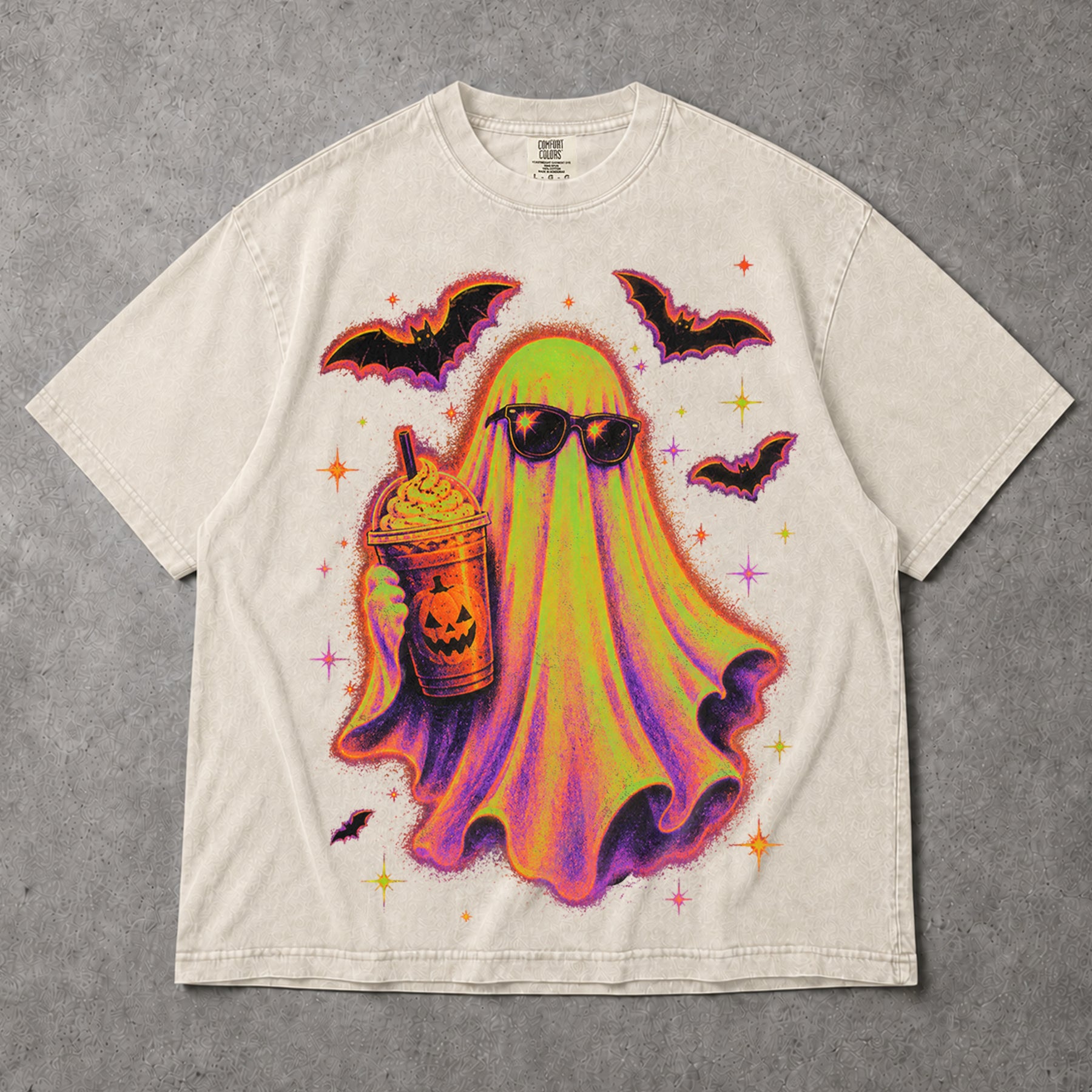 SF_COLOR=ivory; SF_ITEM=adult-t-shirt; SF_ROLE=gallery; Cute Spooky Ghost Iced Coffee T-Shirt Sunglasses Halloween Autumn Vibes Tee - Ivory Adult T-Shirt product image