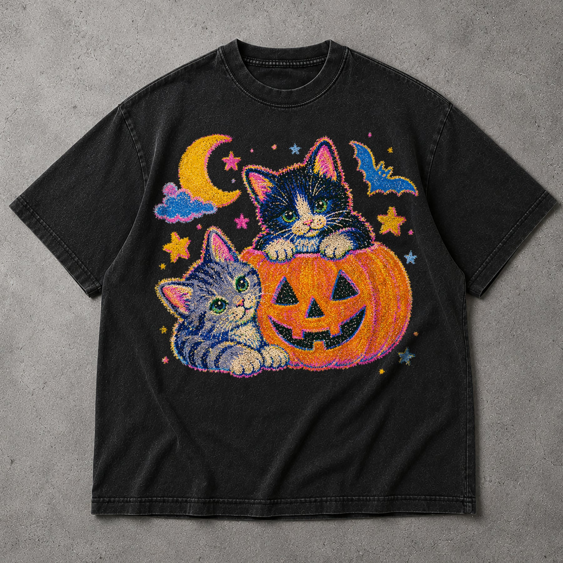 SF_COLOR=black; SF_ITEM=adult-t-shirt; SF_ROLE=main; Cute Spooky Halloween Kittens T-Shirt Carved Jack O Lantern Pumpkins Tee - Black Adult T-Shirt product image