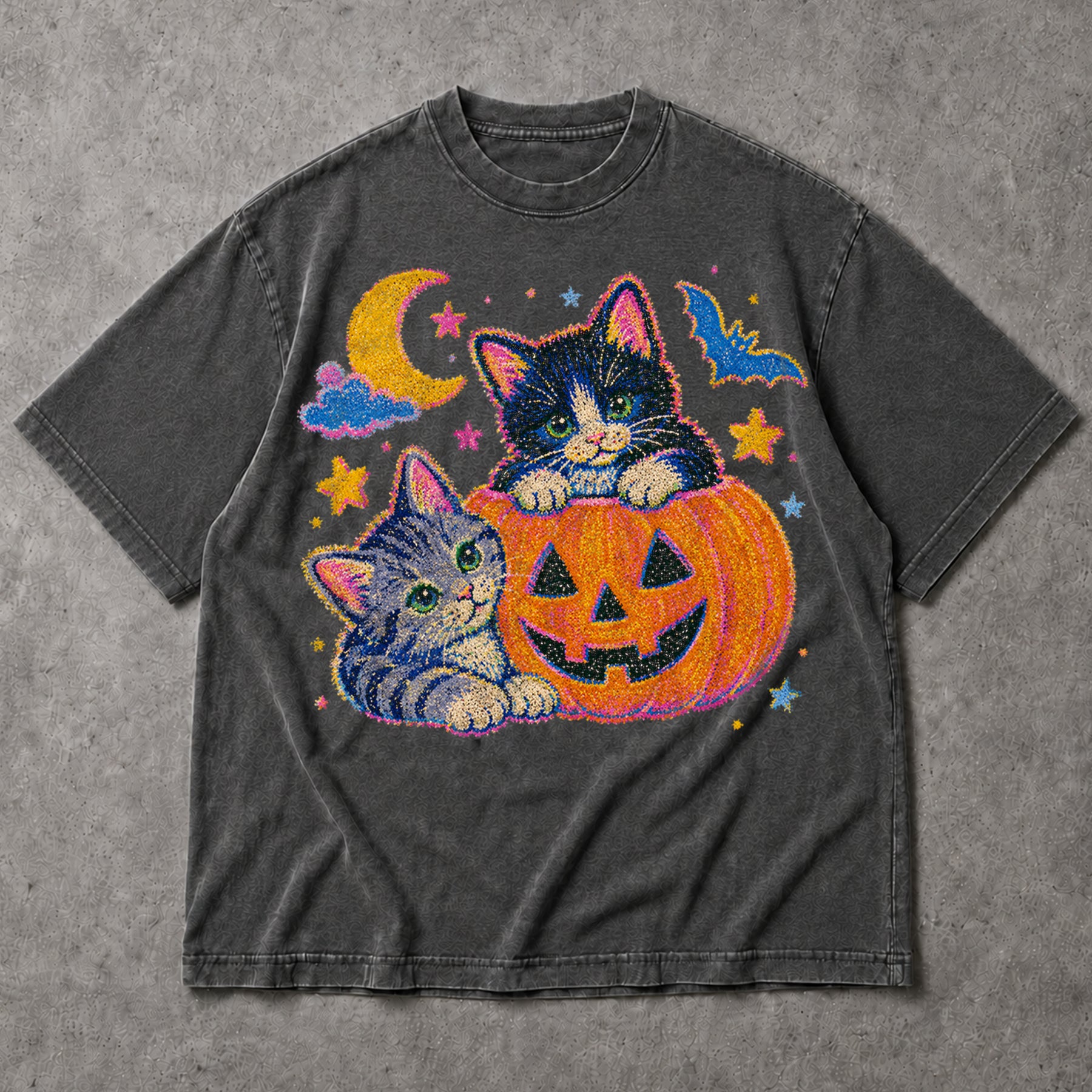 SF_COLOR=dark-heather; SF_ITEM=adult-t-shirt; SF_ROLE=main; Cute Spooky Halloween Kittens T-Shirt Carved Jack O Lantern Pumpkins Tee - Dark Heather Adult T-Shirt product image
