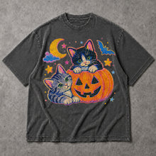 SF_COLOR=dark-heather; SF_ITEM=adult-t-shirt; SF_ROLE=main; Cute Spooky Halloween Kittens T-Shirt Carved Jack O Lantern Pumpkins Tee - Dark Heather Adult T-Shirt product image