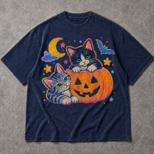 SF_COLOR=navy; SF_ITEM=adult-t-shirt; SF_ROLE=main; Cute Spooky Halloween Kittens T-Shirt Carved Jack O Lantern Pumpkins Tee - Navy Adult T-Shirt product image
